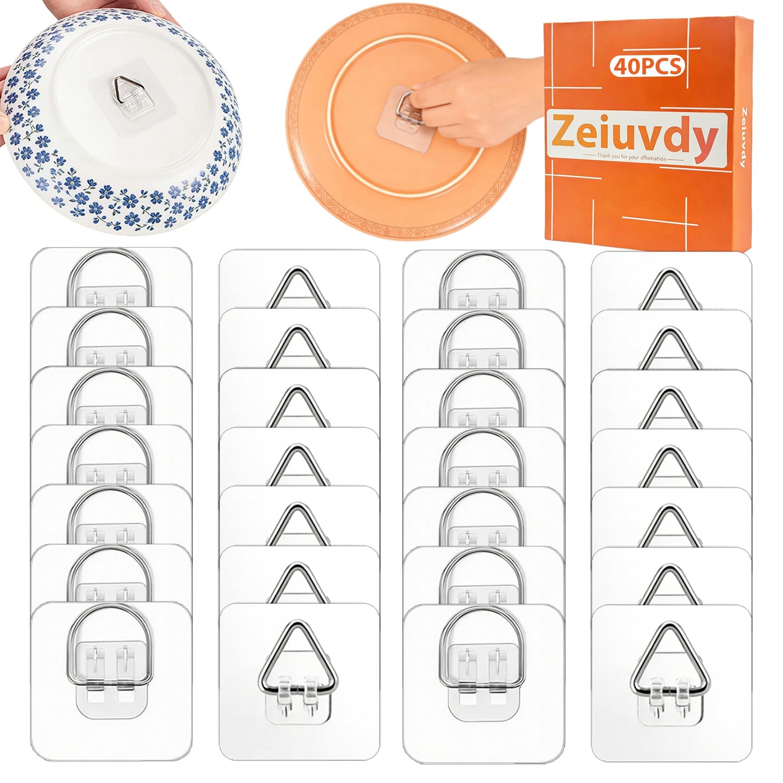 40 Pack Adhesive Invisible Plate Hangers, 20 D-Ring & 20 Triangle Hook Combo,...