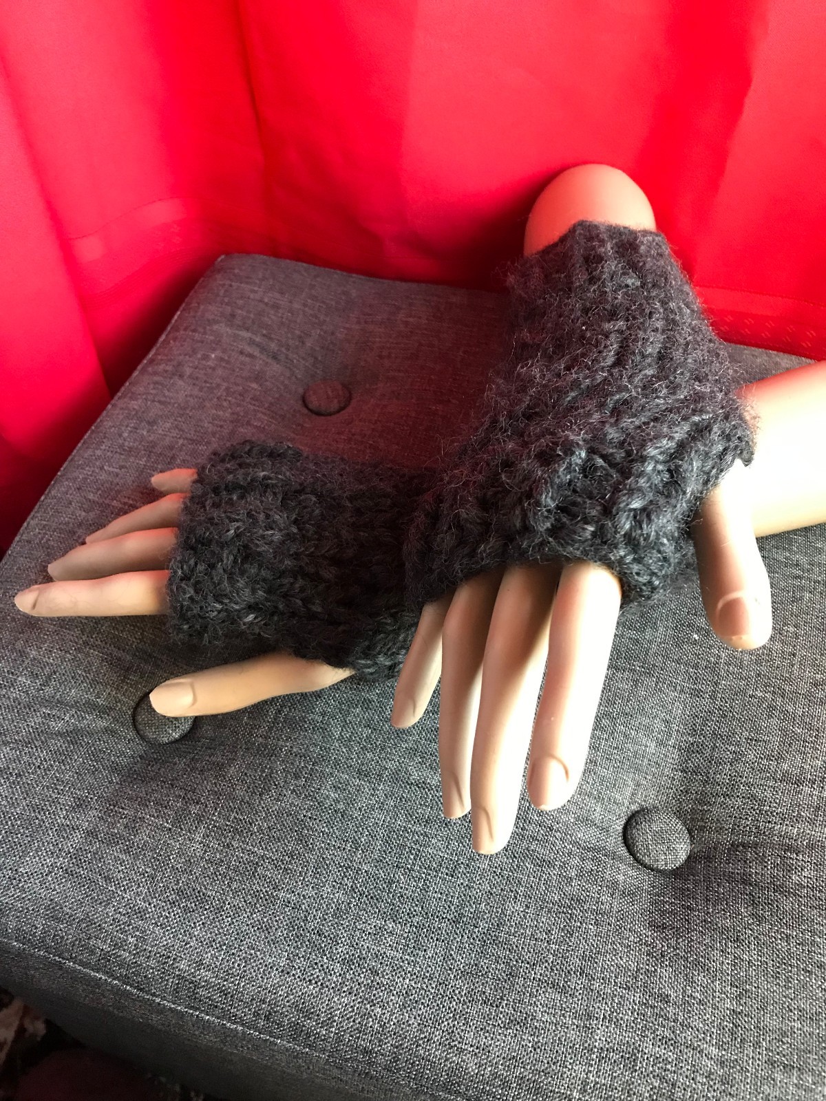 Chunky Hand Knit Unisex Charcoal Gray Handmade Hand Knitted Finger Less Gloves