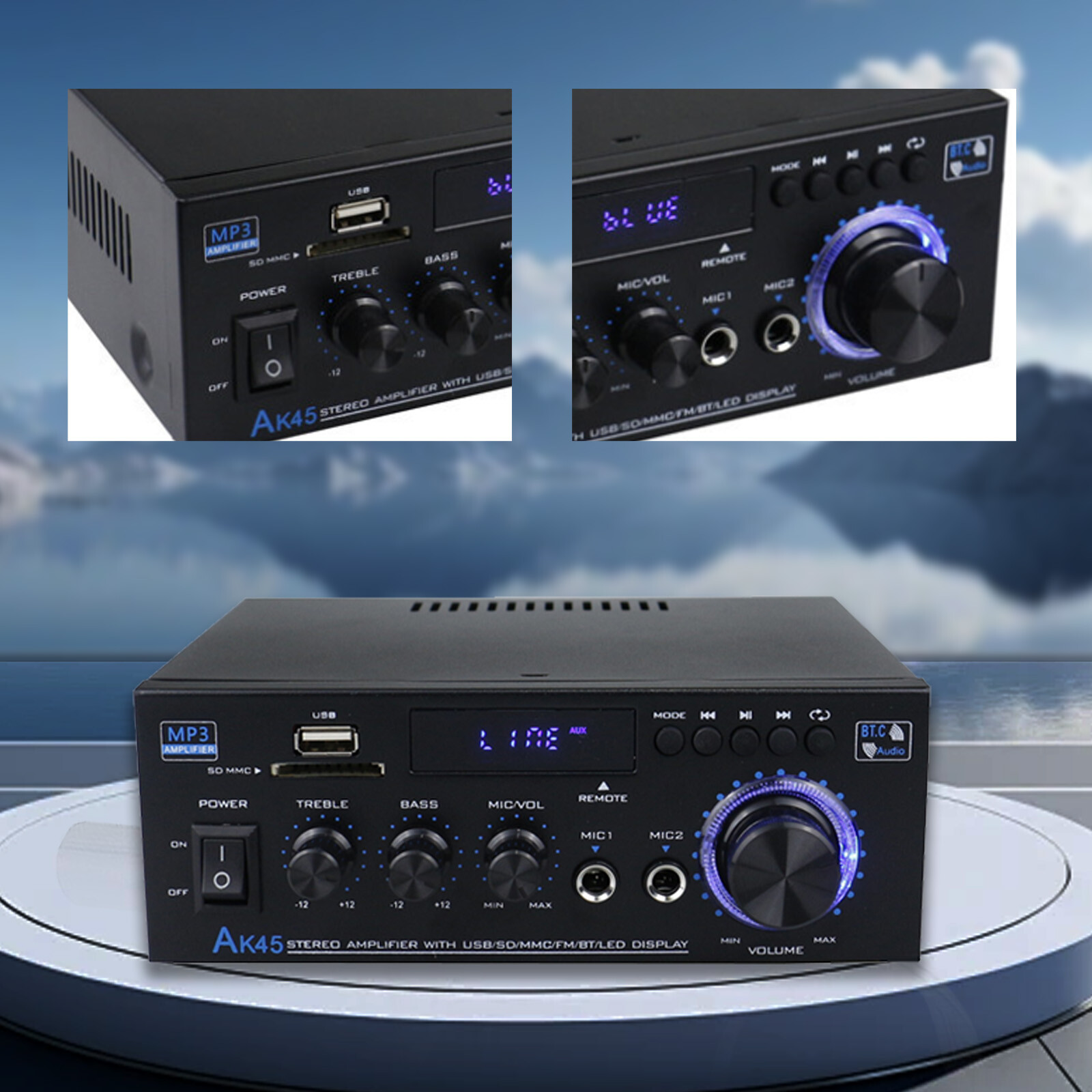 AK45 Stereo Audio Amplifier Receiver 300W+300W Home Dual Channel Bluetooth