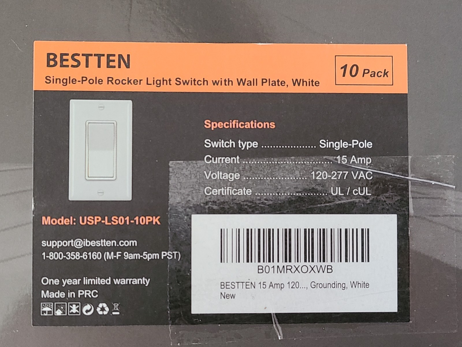 10 Pack Single Pole Decorator Light Switch with Wallplates, 15A 120/277V Paddle