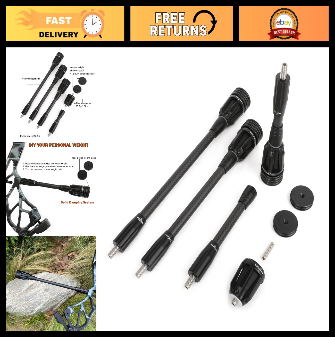 6-12 Inch Archery Bow Stabilizer for Compound Bows - 3K Carbon Fiber, Damping Sy