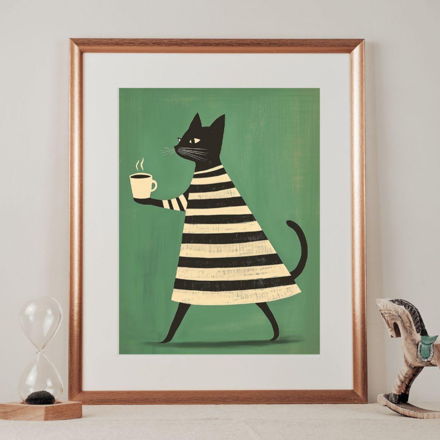 Minimalist Black Cat with Coffee Print, Mid Century Cat Wall Art Poster