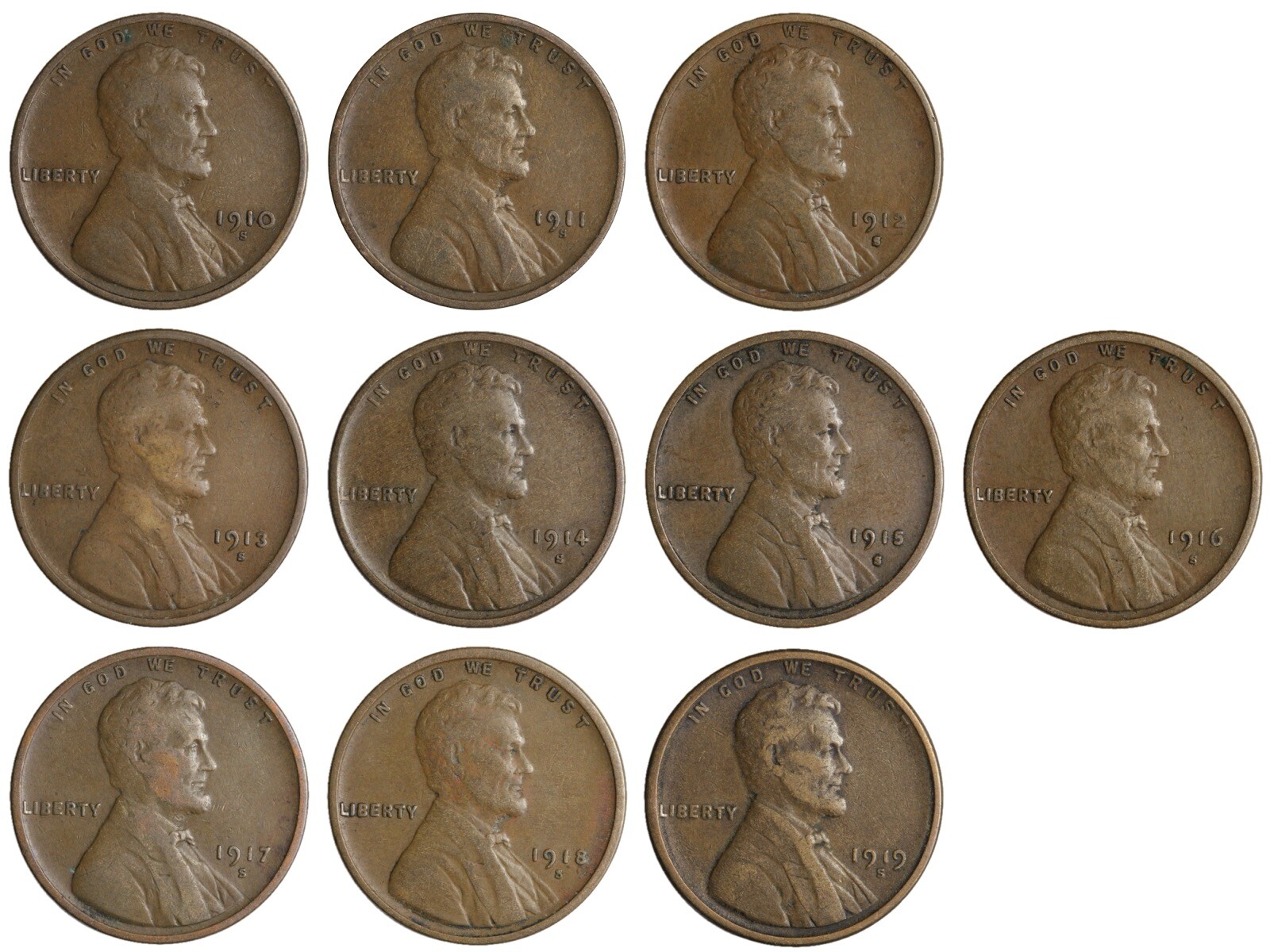 SET RUN 1910-1919 "S" LINCOLN WHEAT CENTS SAN FRAN ONLY! 10 COIN LOT F/VF**
