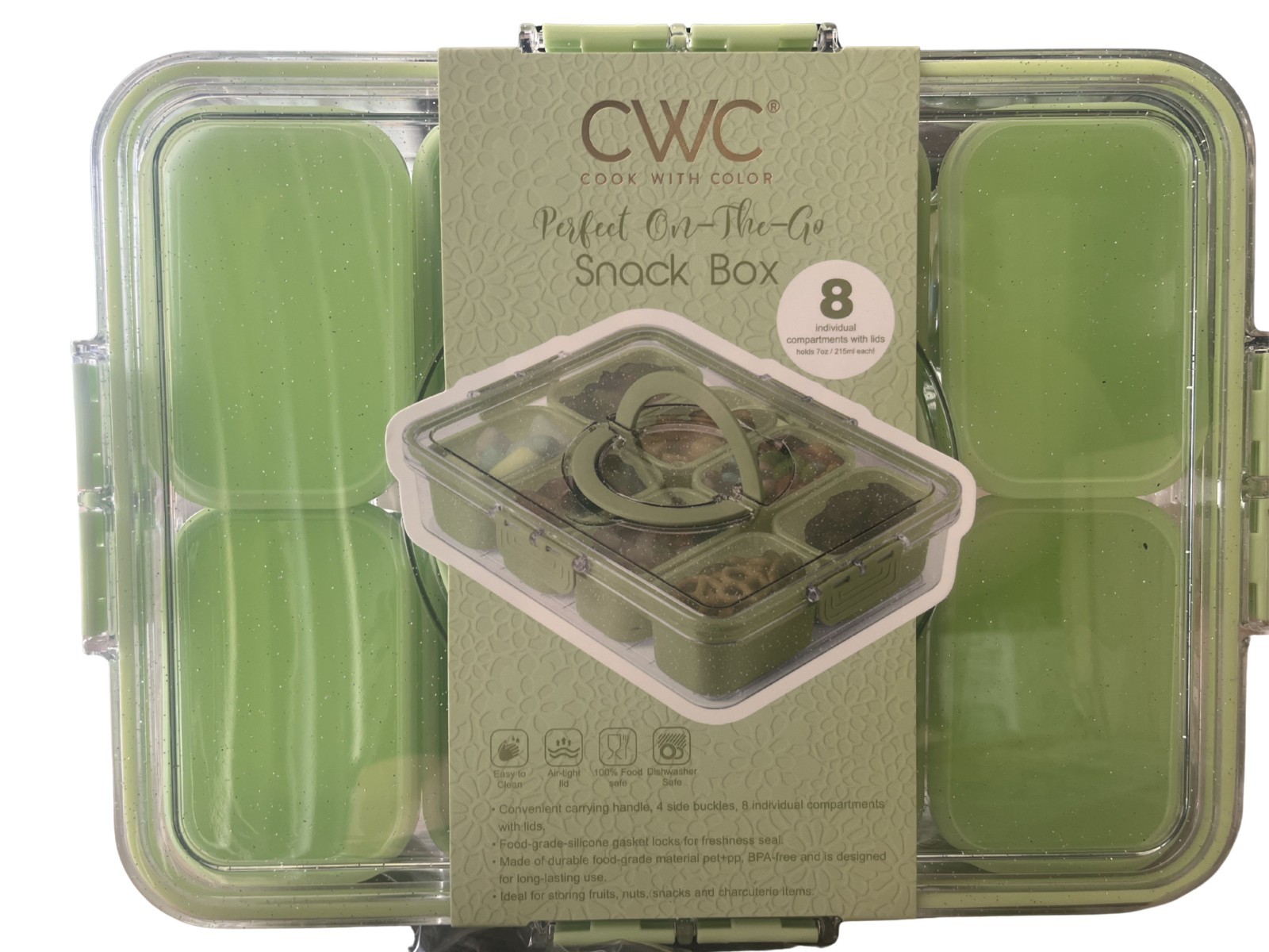 Cook With Color CWC Snack Box Green Glitter Snap Lid W/ 8 Removable Compartments