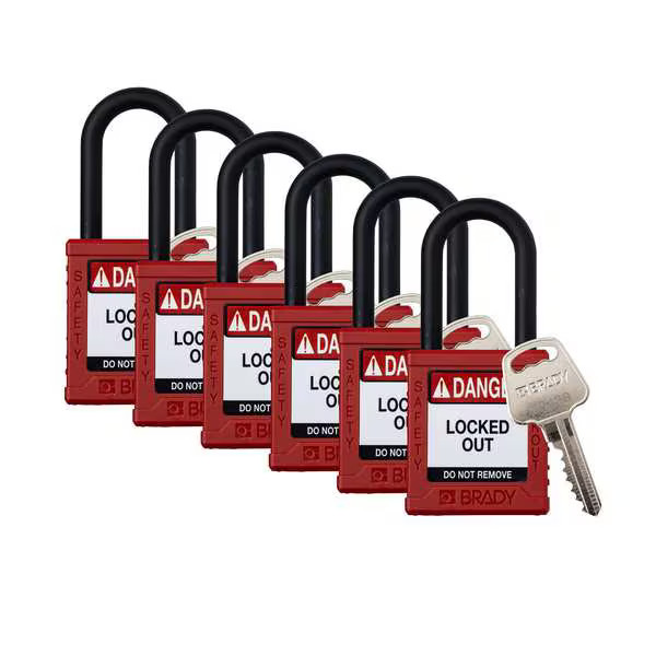 Padlock,6 Pins,Red,PK6, Keyed Different, Nylon, Red, 1 1/2 in Shackle Height, 1