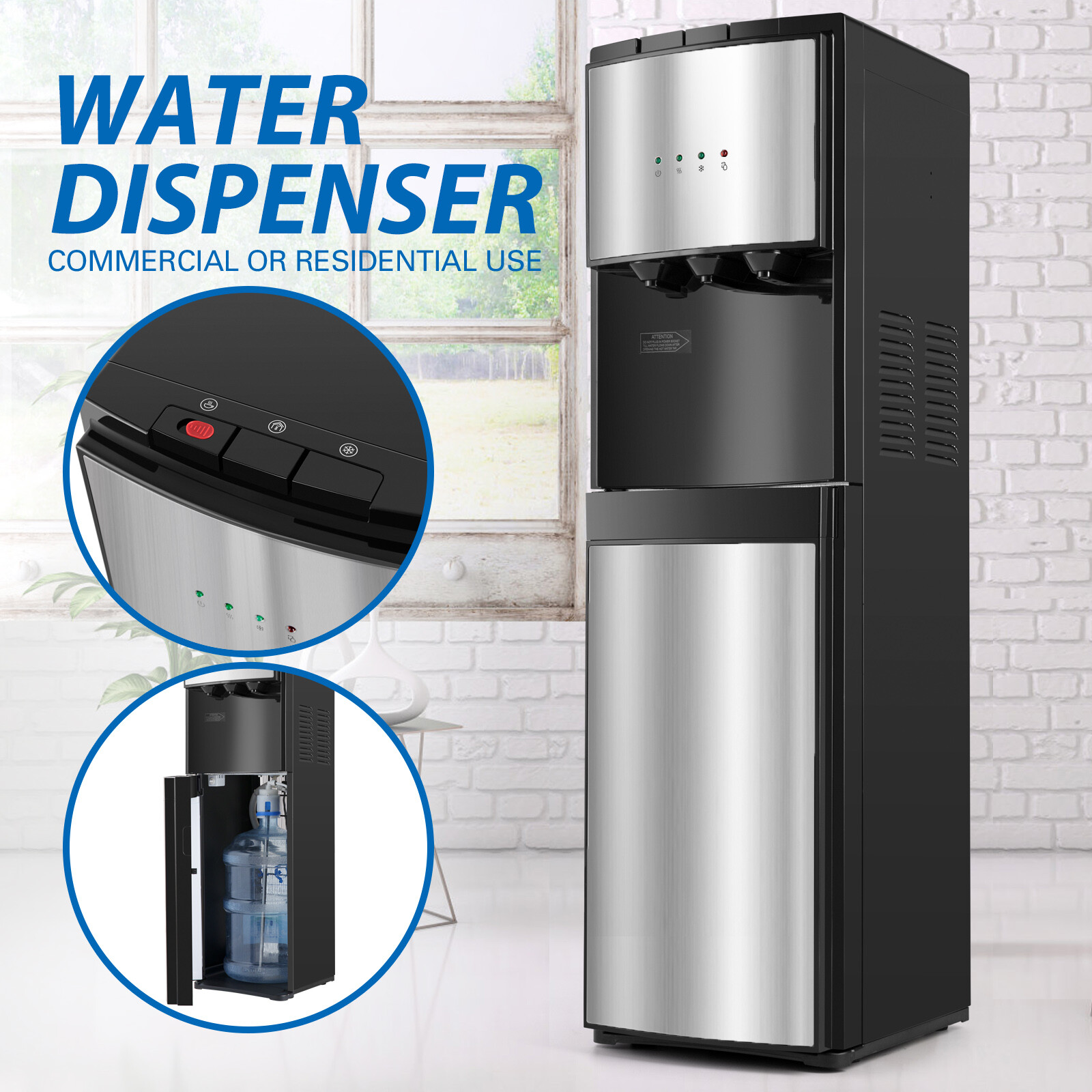 5 Gallon Bottom Loading Water Cooler Dispenser Stainless Steel Child Safety Lock