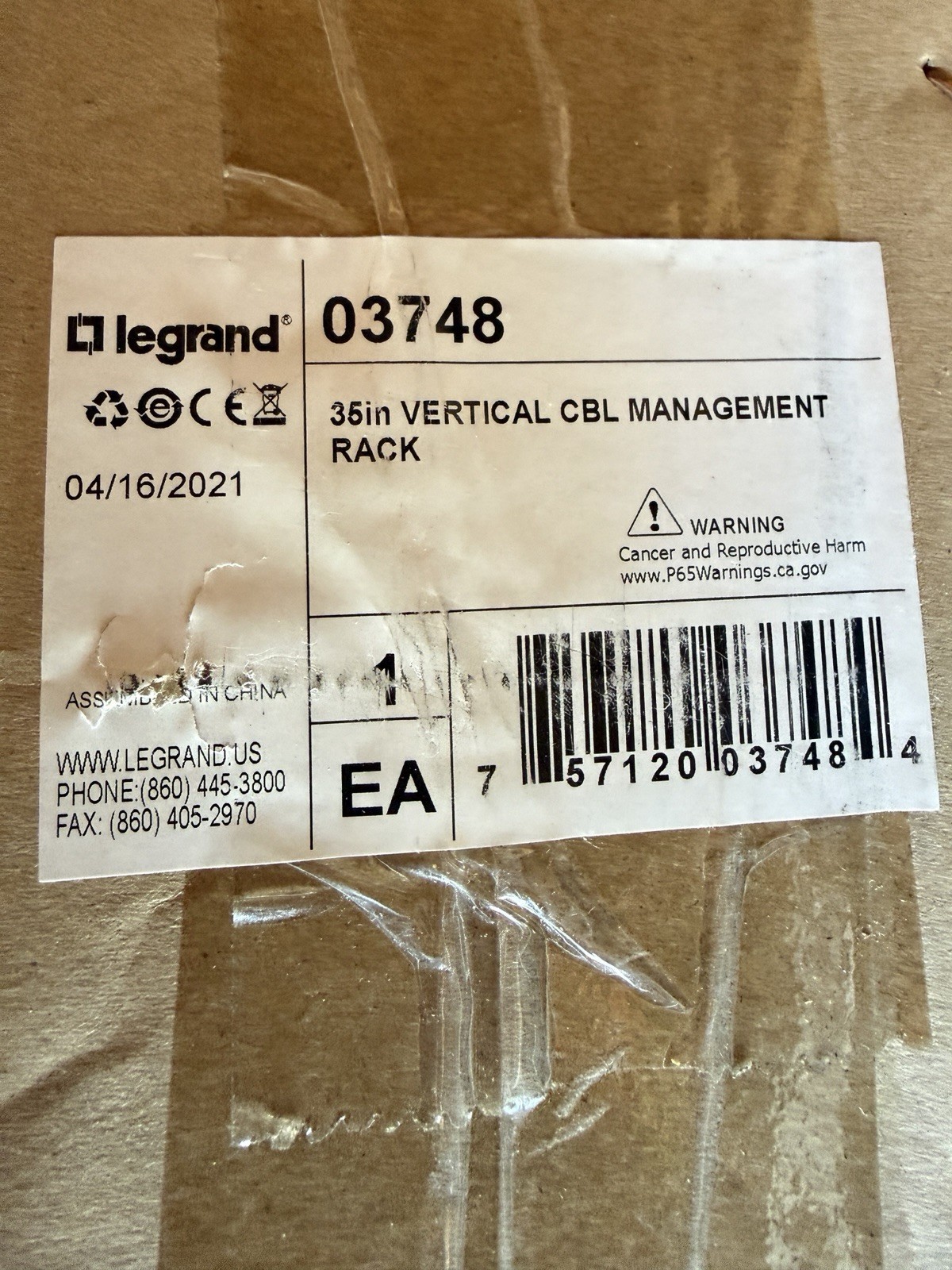 Legrand 03748 35in Vertical Cable Management Rack SEALED