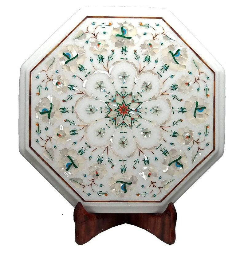 12" Marble Table Top Handmade Semi precious stones floral Art Work