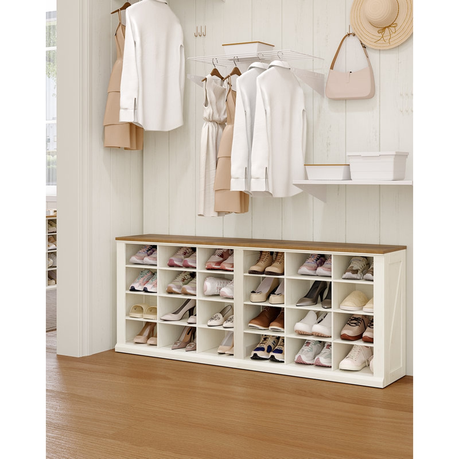 Gracie Oaks Farmhouse Shoe Storage Bench - Antique White