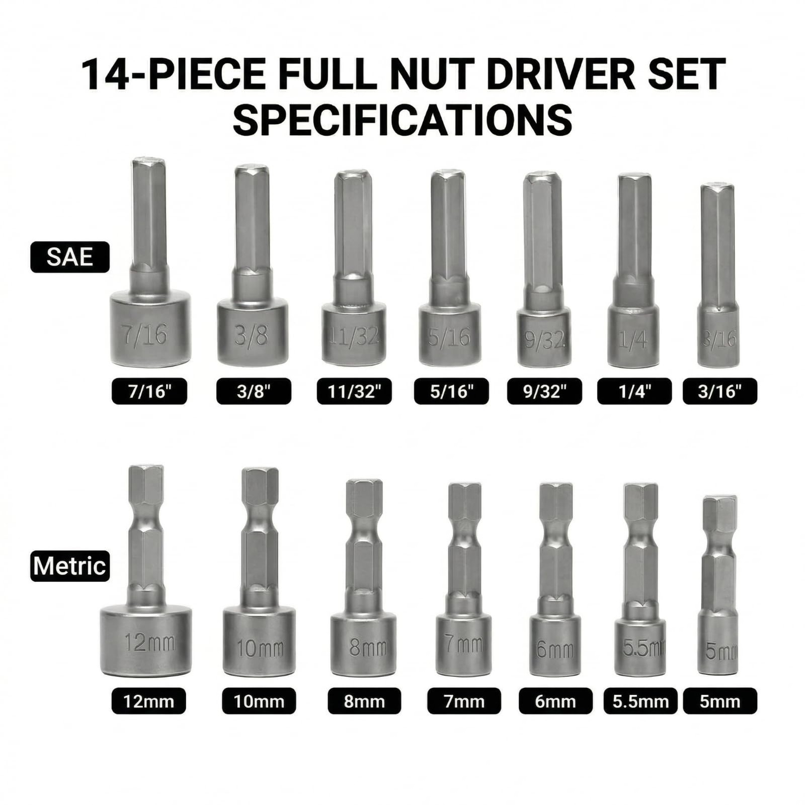 14 PCS Power Nut Driver Set for Impact Drill, Professional Metric & SAE Nut D...