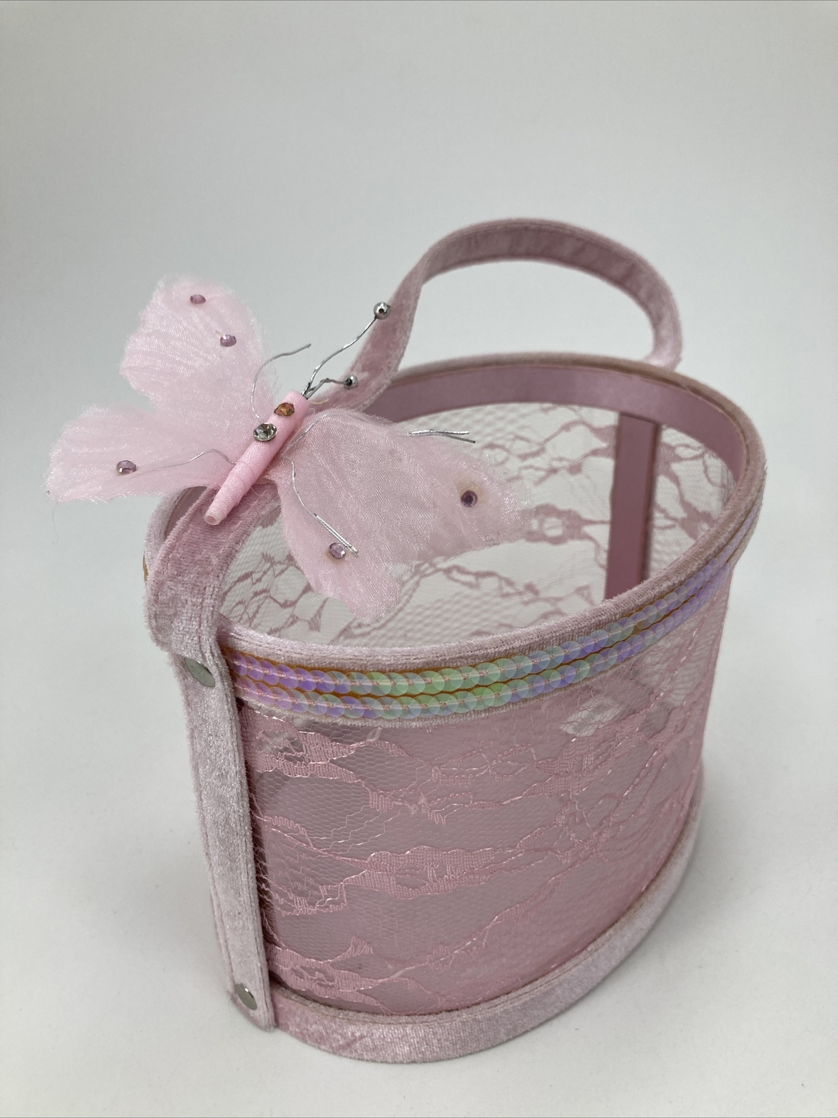 Pink Lace Basket W/ Handle & Butterfly Decal with Rhinestones 7.5" x 5.5" x 5.5"