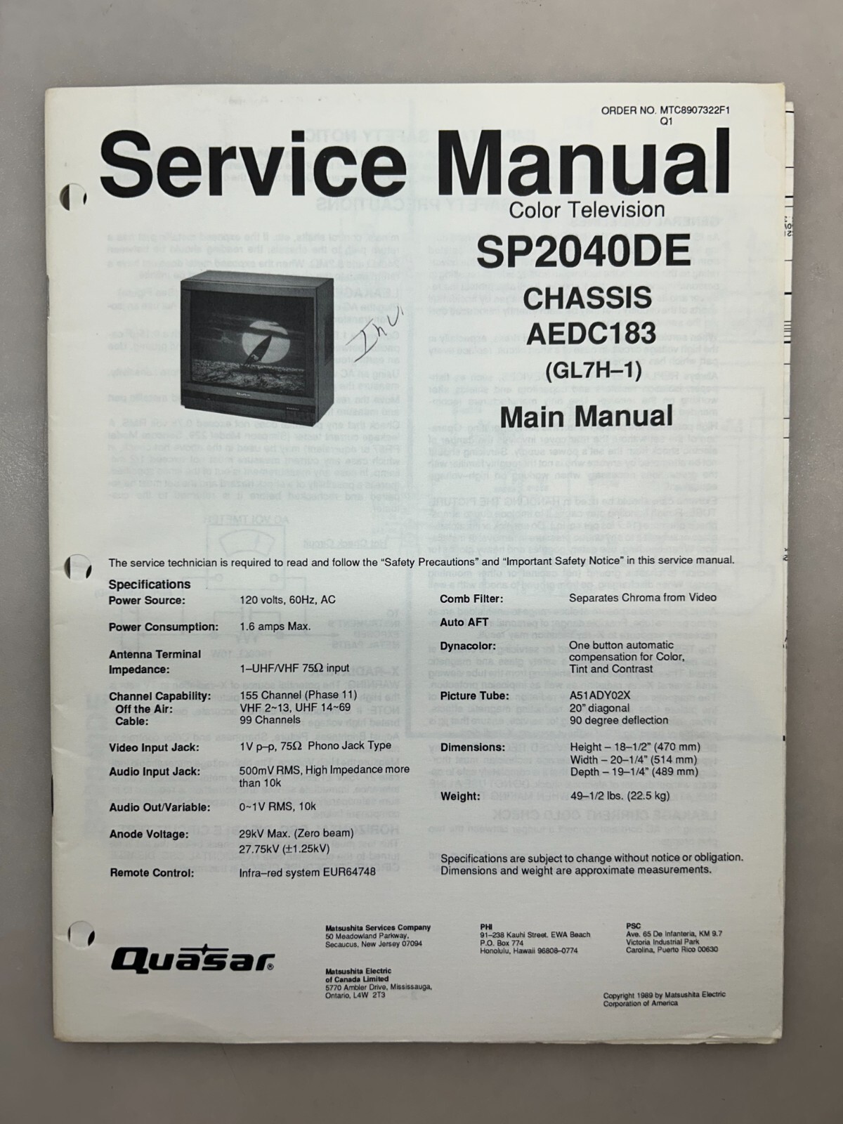 Quasar SP2040DE Original Service Manual Free Shipping
