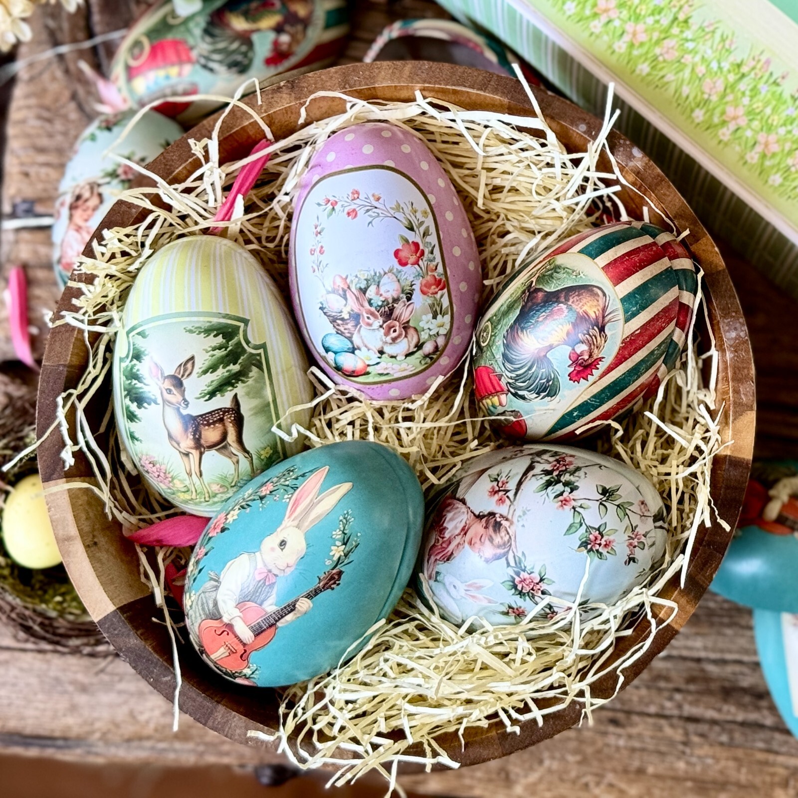 FIVE Easter Egg Tins. 5 Fillable Lithographed Metal Vintage Easter Eggs