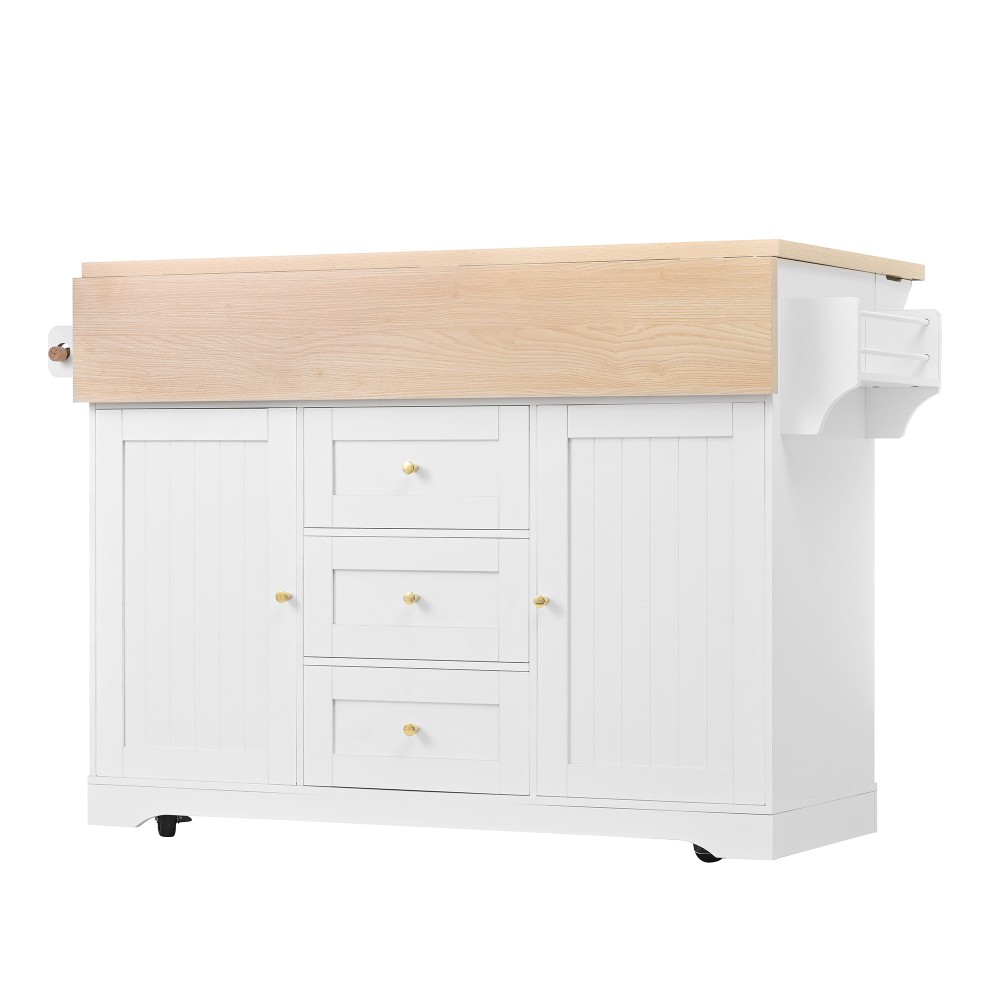Kitchen Island w/ Power Outlet Wheels, Extendable Dining Table Storage White