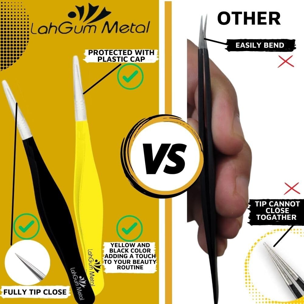Super Sharp Pointed Tweezers Precision Fine Point Tip Ingrown Yellow & Black