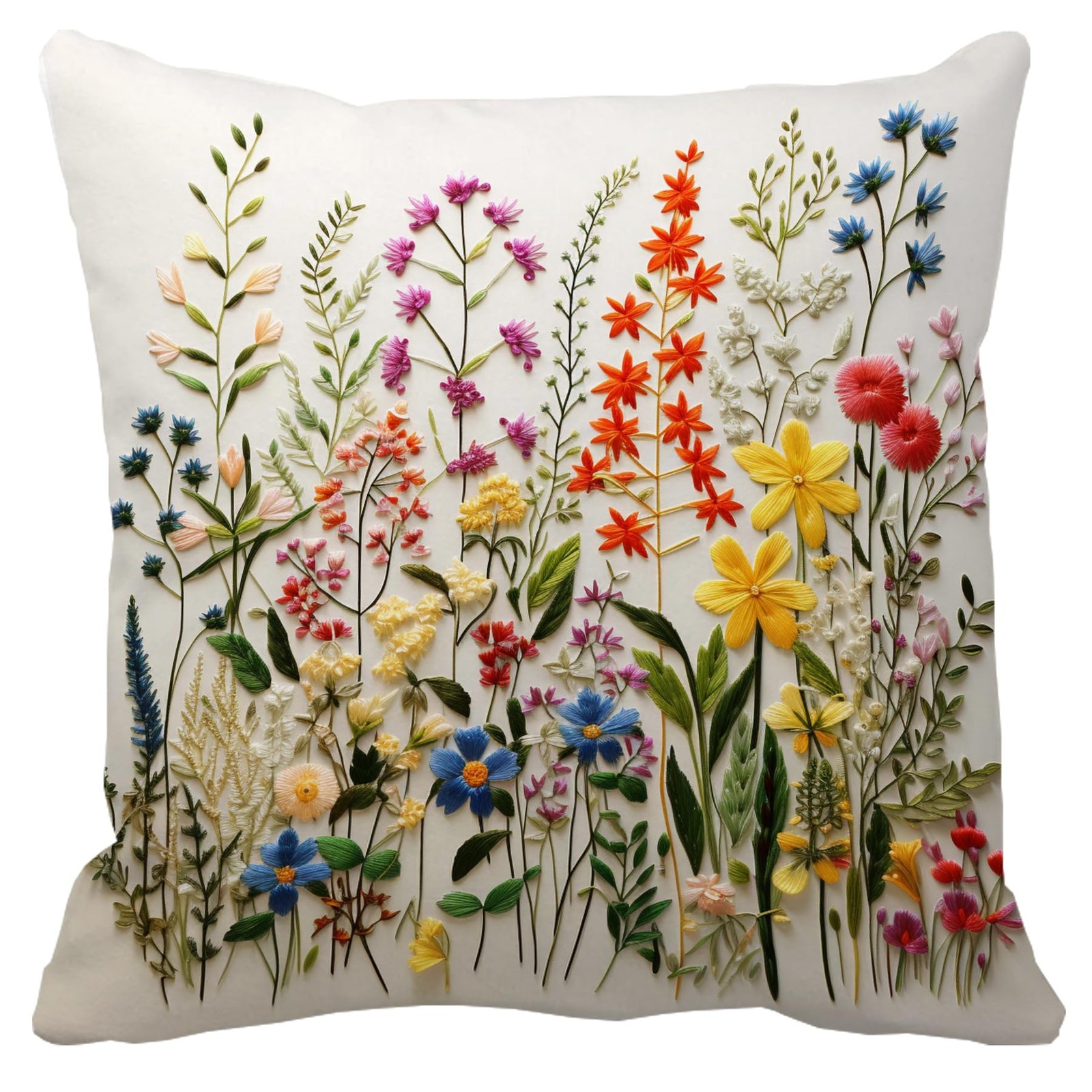 Wildflower Faux Embroidery Print 18X18 Inch Throw Pillow Cover Boho Embroidered