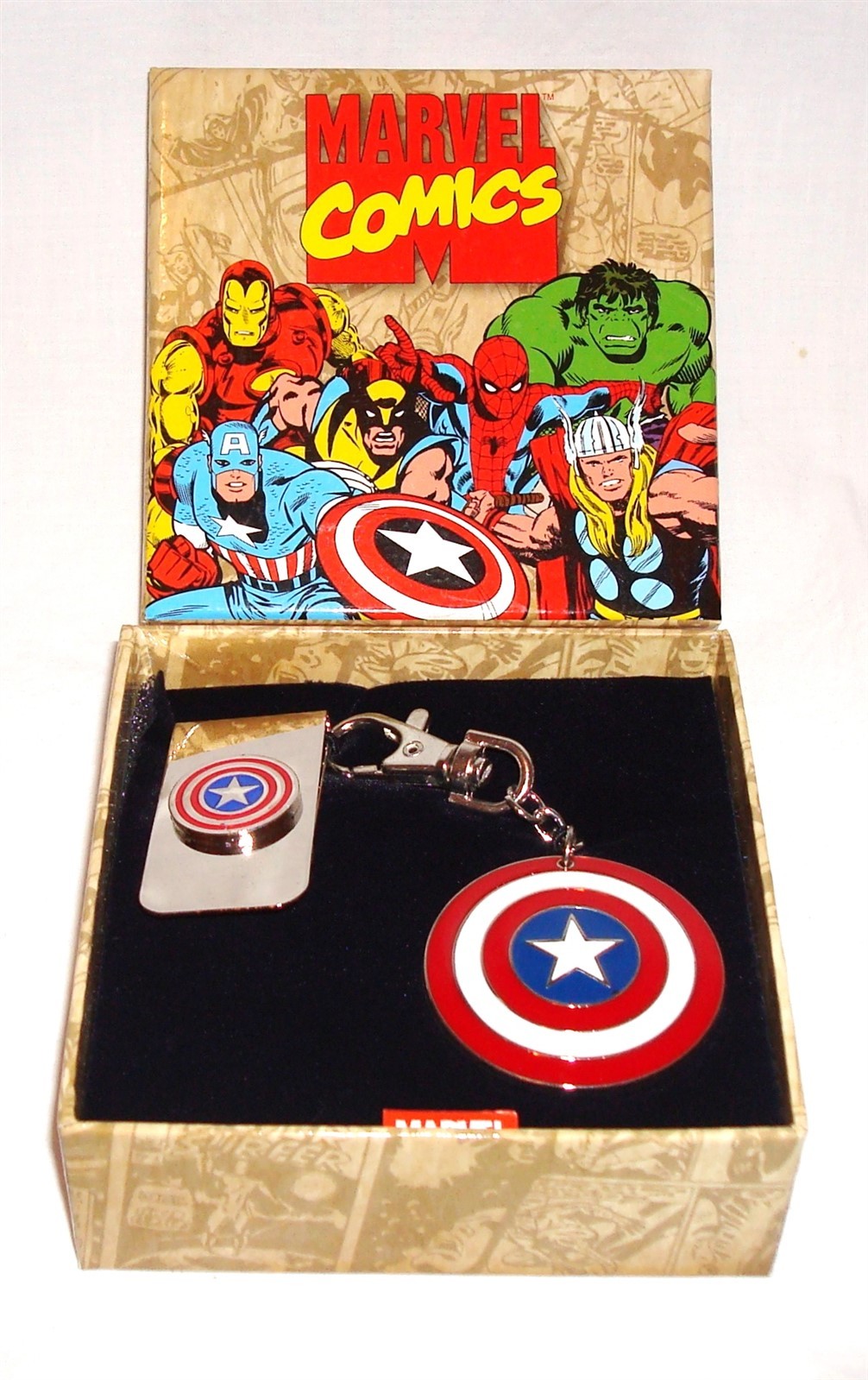 Captain America key chain & money clip box set red white blue shield Marvel new