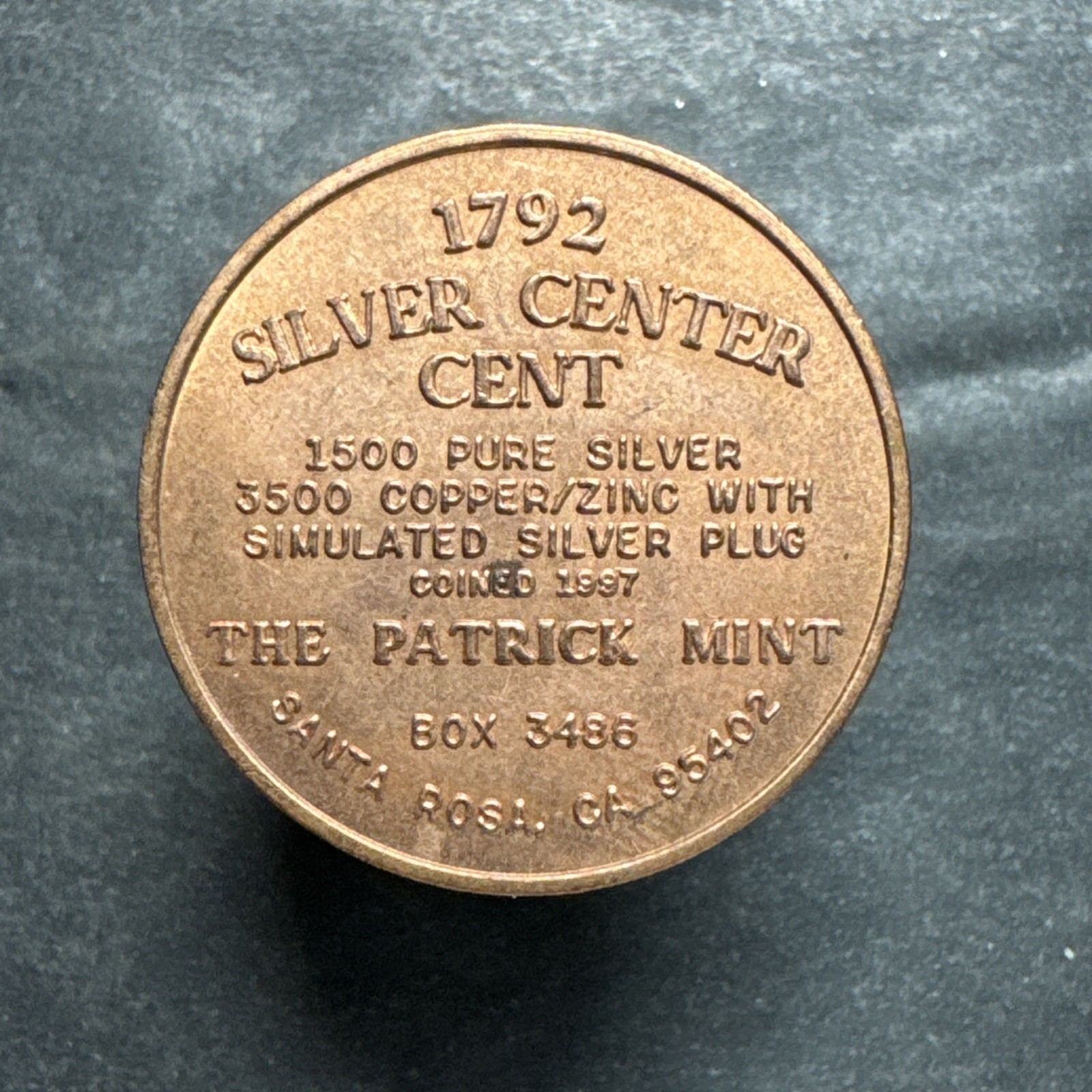 1792 silver center cent patrick mint 1997 Pattern Copper Coin Token Medal