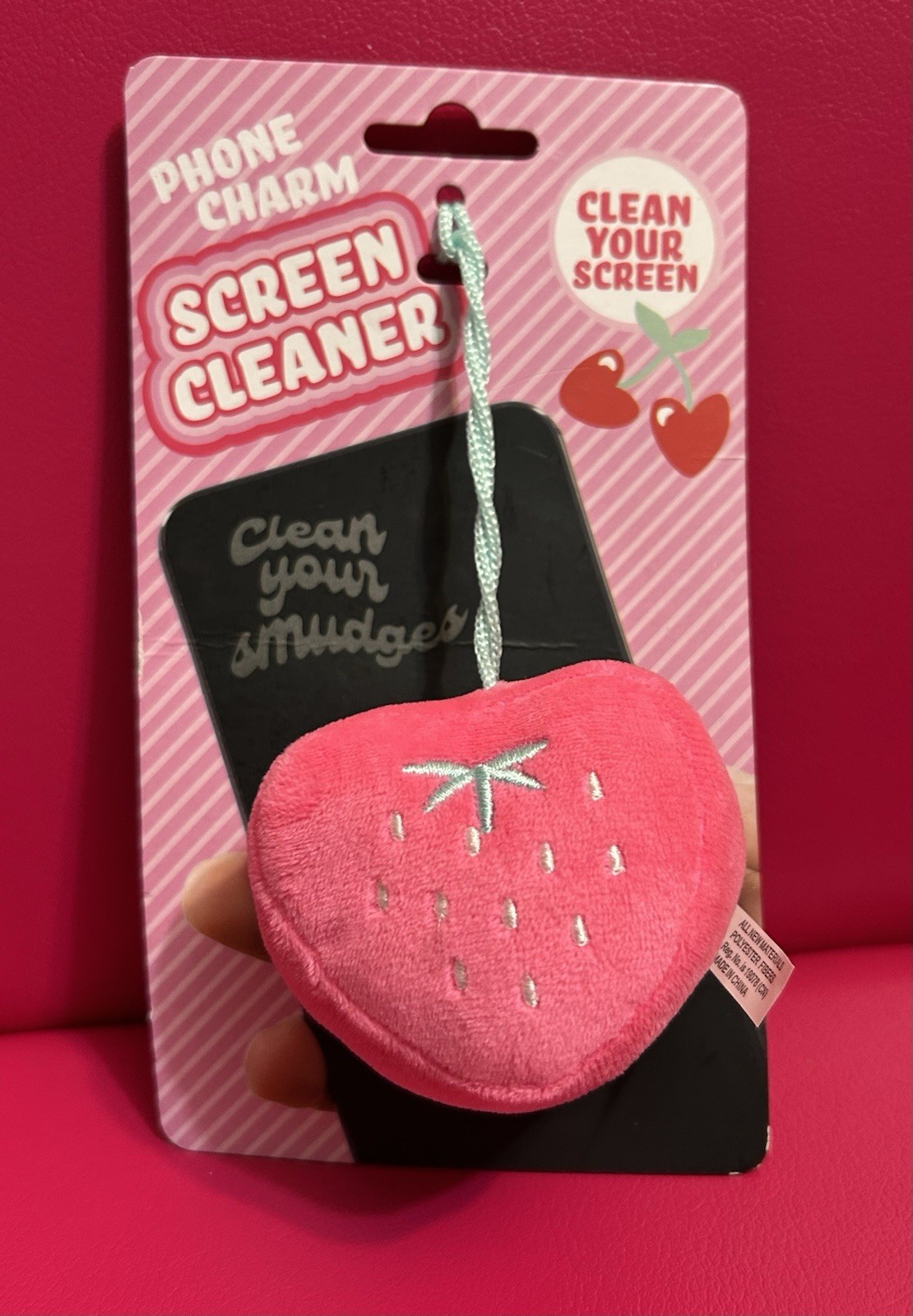Plush Strawberry Phone Screen Cleaner, Portable Microfiber Charm w/ Blue Cord
