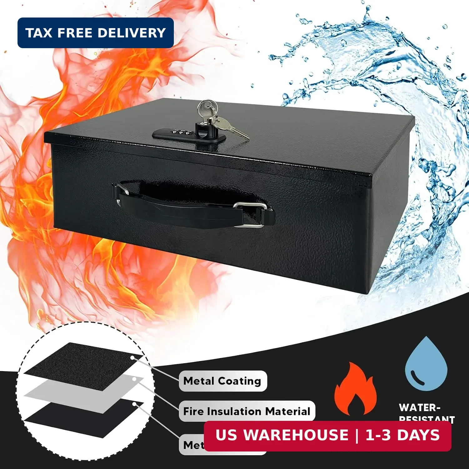 Fireproof Lock Box for Documents, Fire Resistant Safe Fire Safe Box with Dual Co