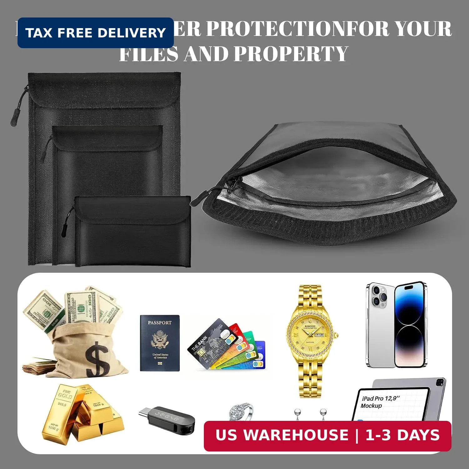 Fireproof Waterproof Document Bag 3-Pack Black 2000℉ Money Bag for Cash Passport