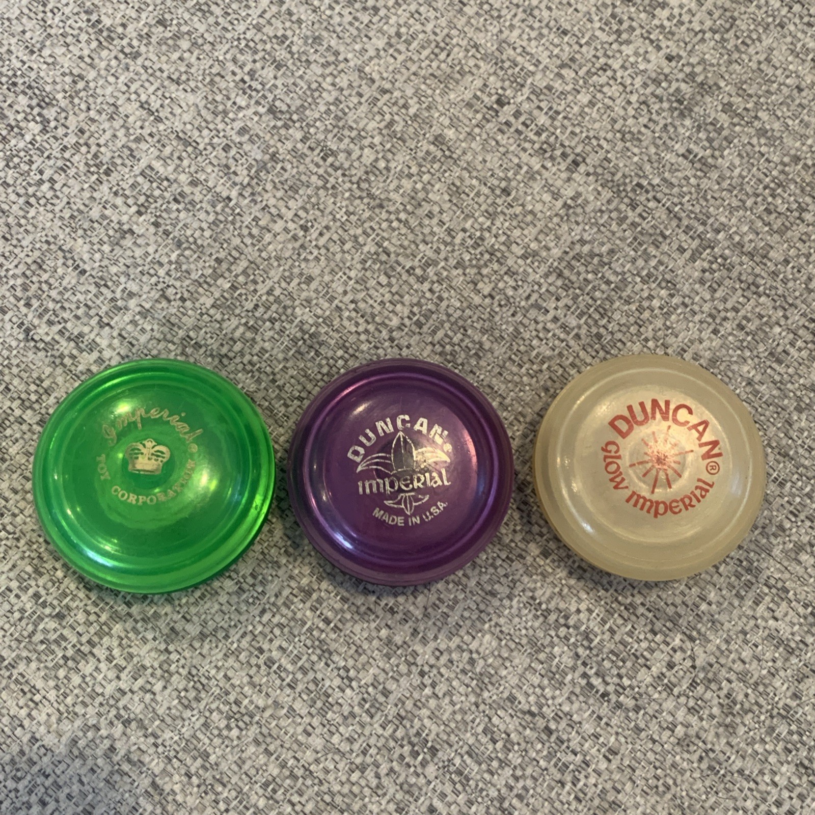 Lot Of 3 Imperial & Duncan Imperial Yo-yo’s Green Purple Glow Made In USA