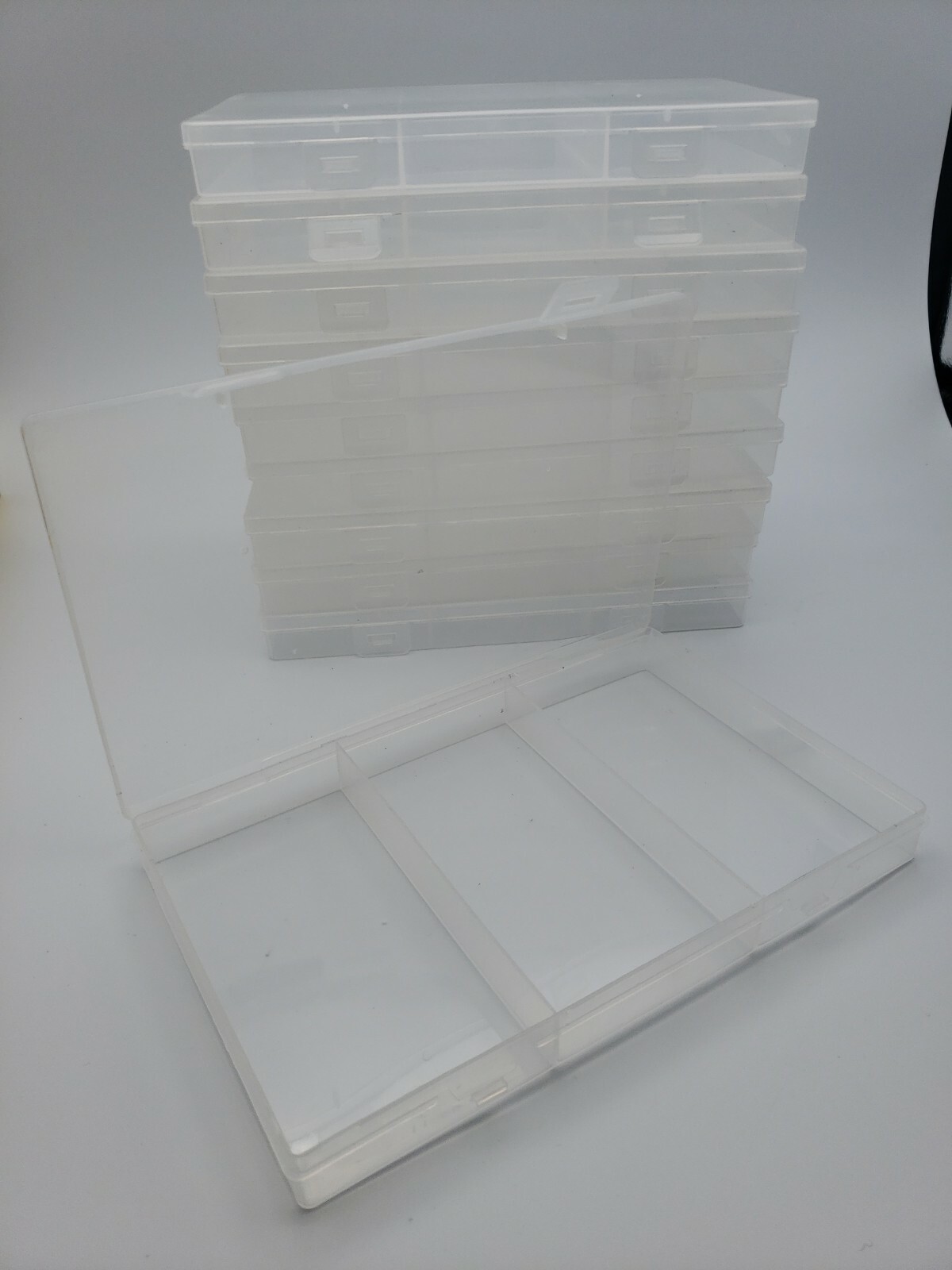 Lot Of 3 Plastic Containers with 3 sections click top lids 7" X 4.5" X .75"