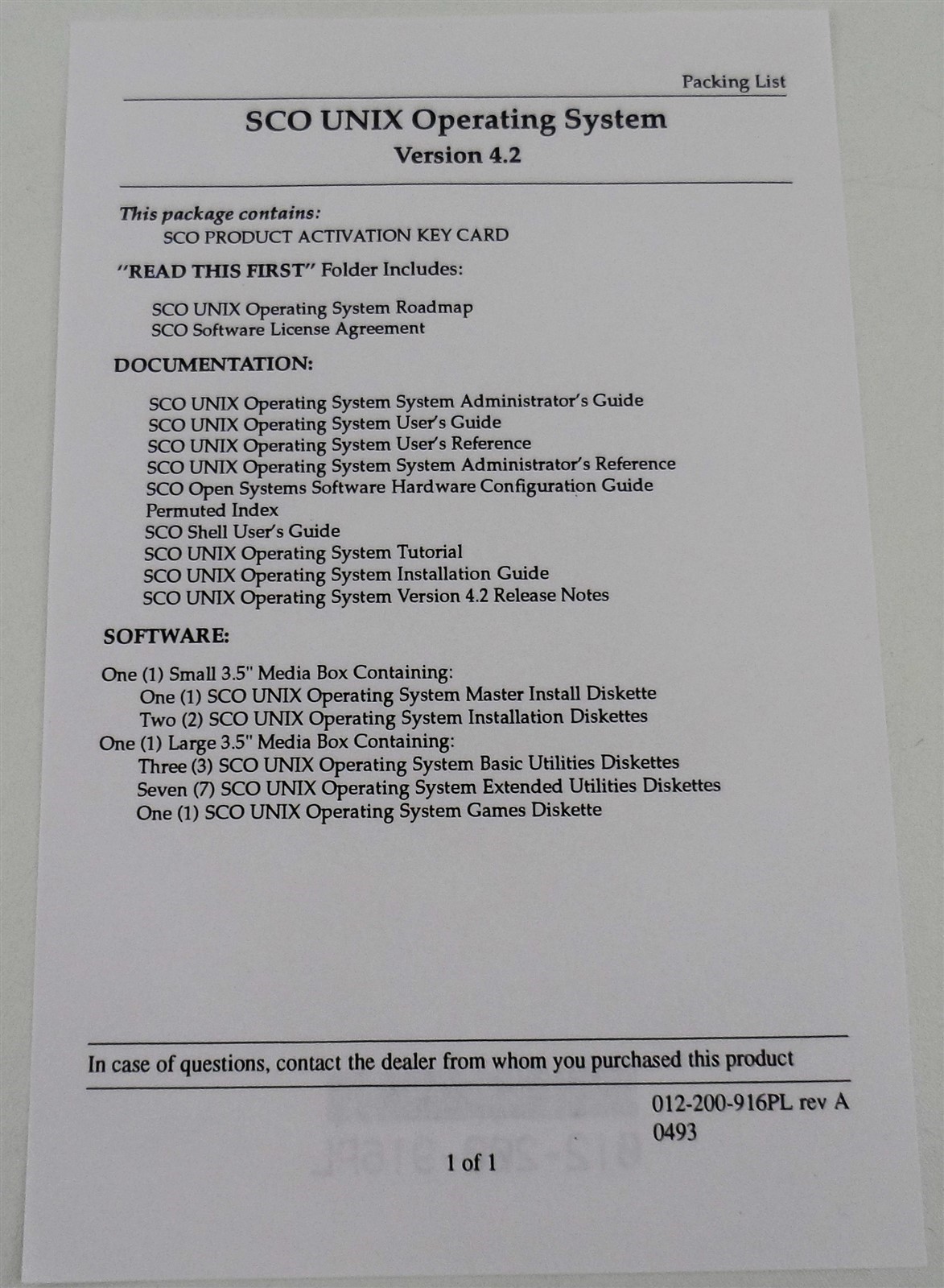 SCO Unix Operating System Version 4.2 Documentation with License No Software