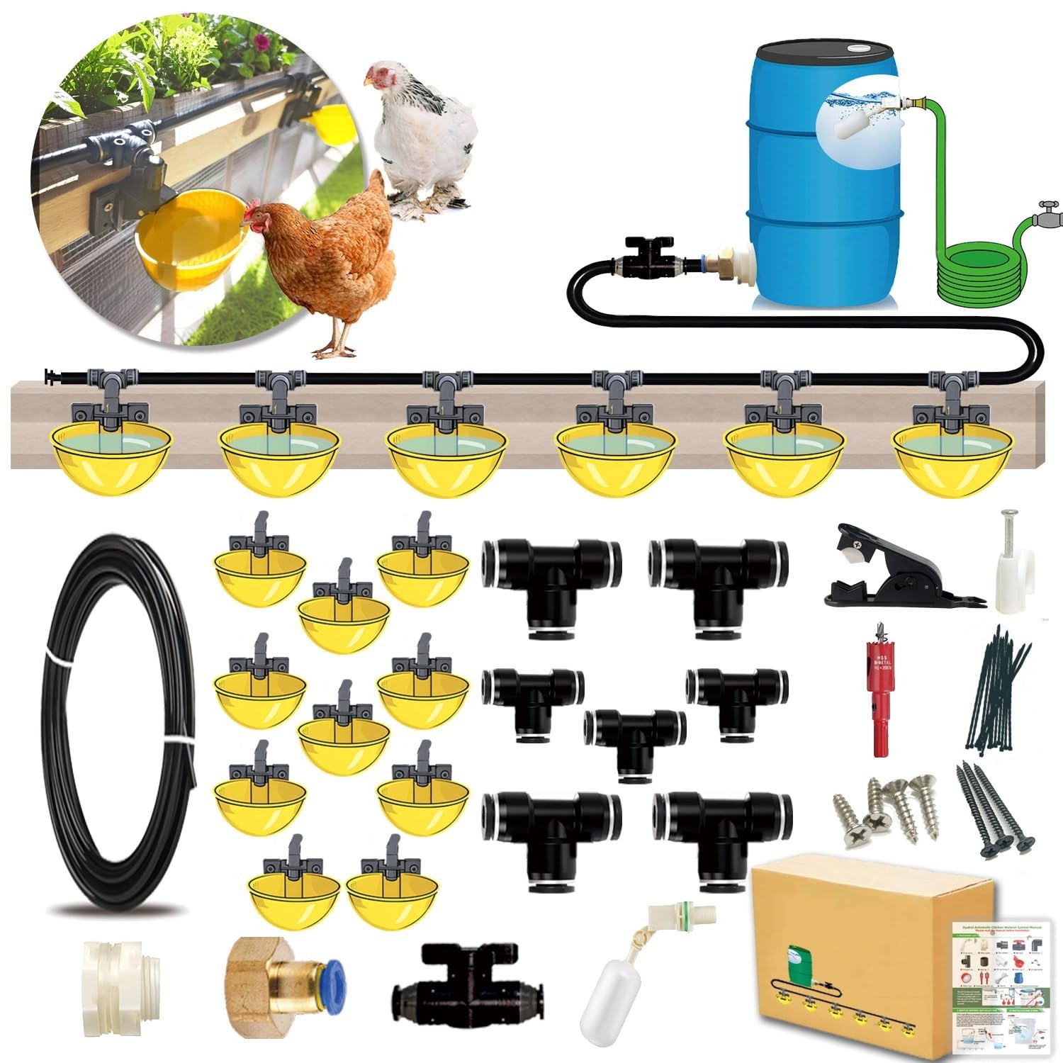 Automatic Chicken Waterer System - 21ft Quick-Connect Pipeline, 10 Large Washabl