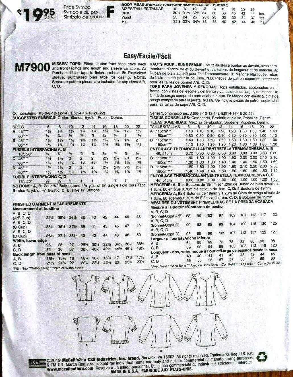 MCCALLS PATTERN 7900 TOPS MISSES SIZES 6 8 10 12 14 UNCUT