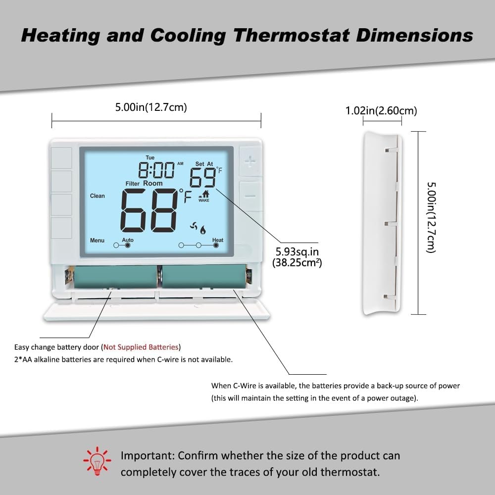 Programmable Thermostat for House, Single-Stage, 1 Heat/1 Cool, Energy-Saving...