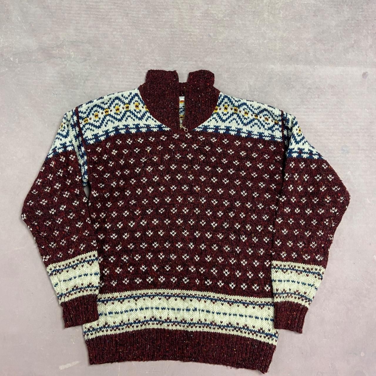 Vintage Knitted Jumper Abstract Patterned 1/4 Zip Grandad Chunky Knit Sweater