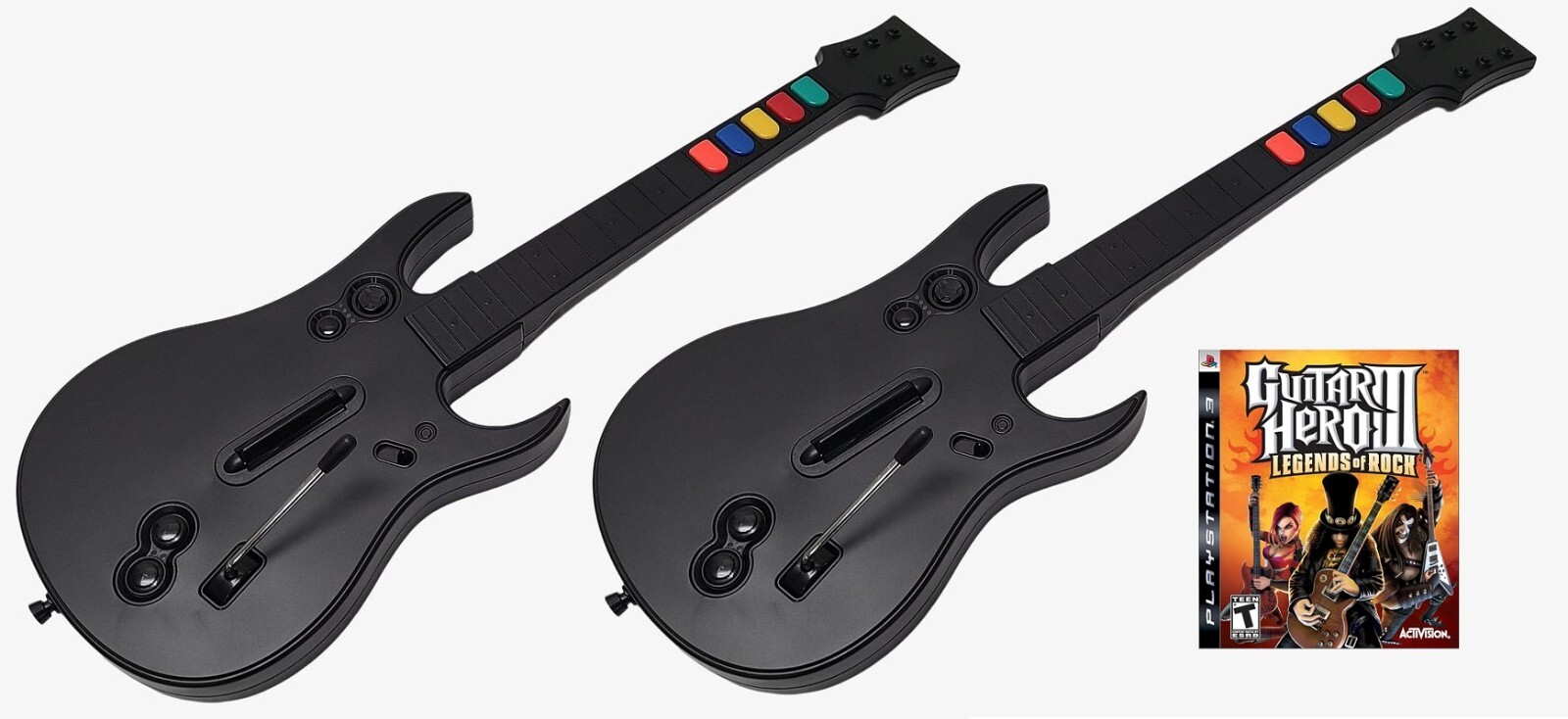 NEW PS3 Guitar Hero III 3 Game & 2x Rock Band Wireless Controller Bundle Set Kit