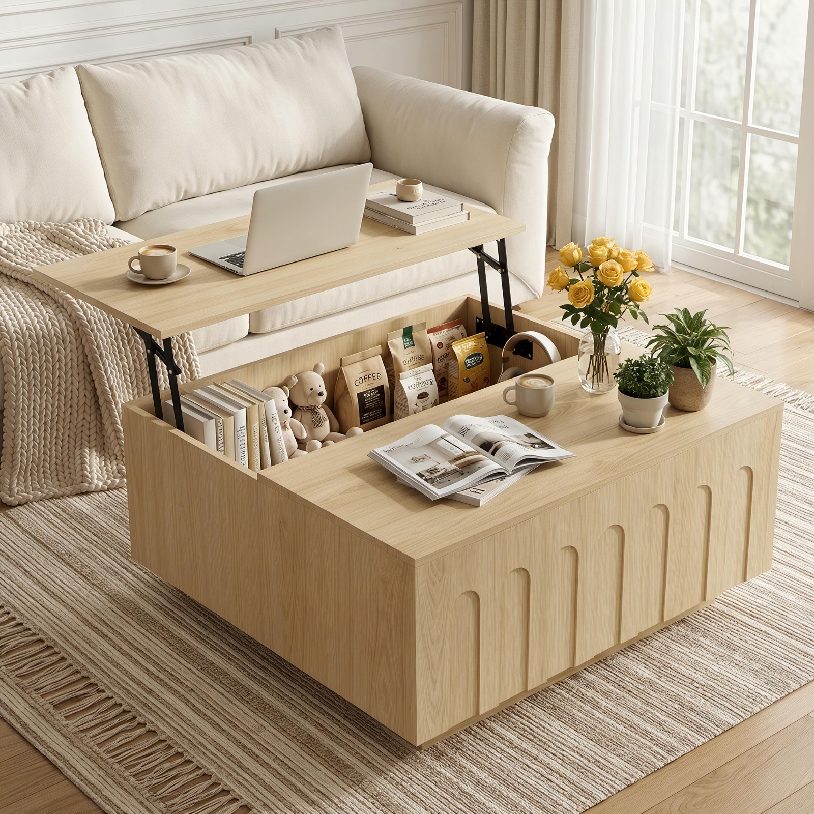 4-in-1 Lift Top Coffee Table with Storage,  SquareArched Fluted Coffee table