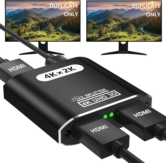 HDMI Splitter 1 In 2 Out - Aluminum 4K Signal V1.4 Powered HDCP Bypass Supports
