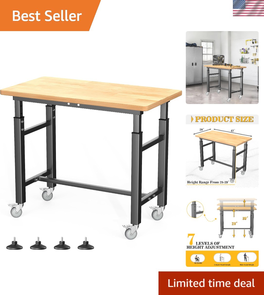 Heavy-Duty 42x20” Rubberwood Work Table with 360-Degree Wheels for Easy Movement