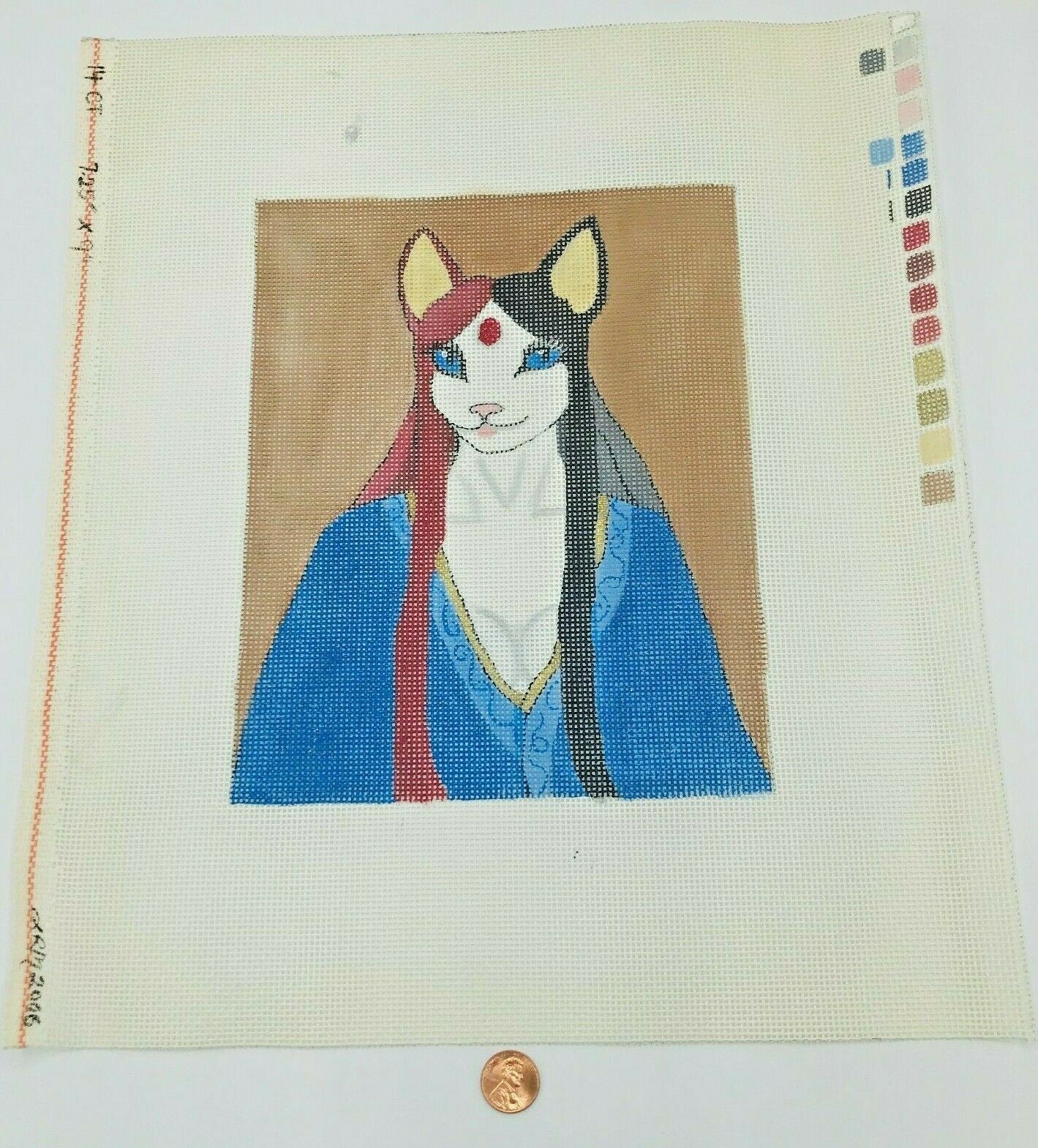 Hand Painted Needlepoint Pattern Egyptian Cat Picasso Style 2006 Signed Blue 14