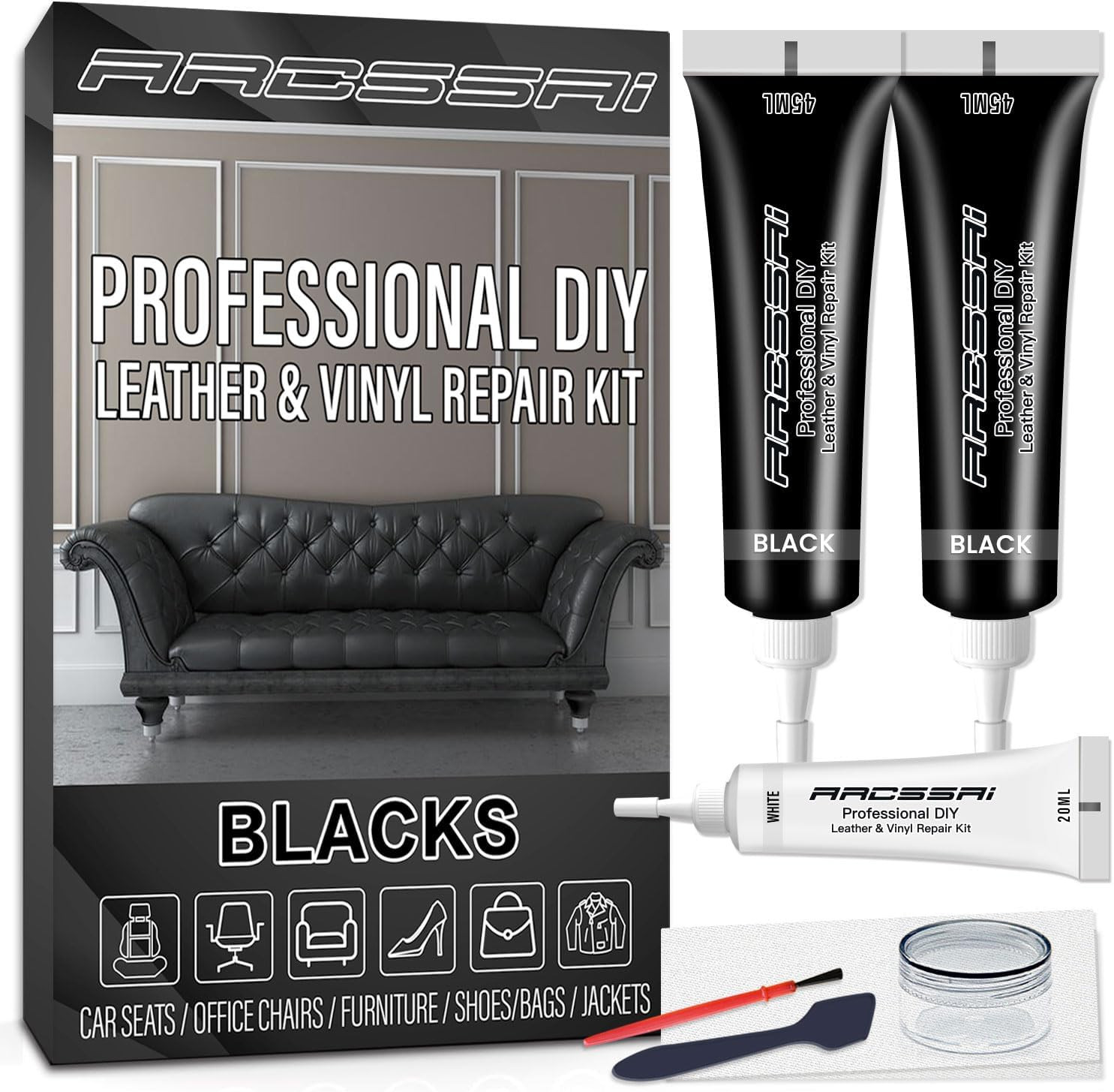 ARCSSAI Black Leather Repair Kit for Furniture, Gray & Black Car Interior, Car S