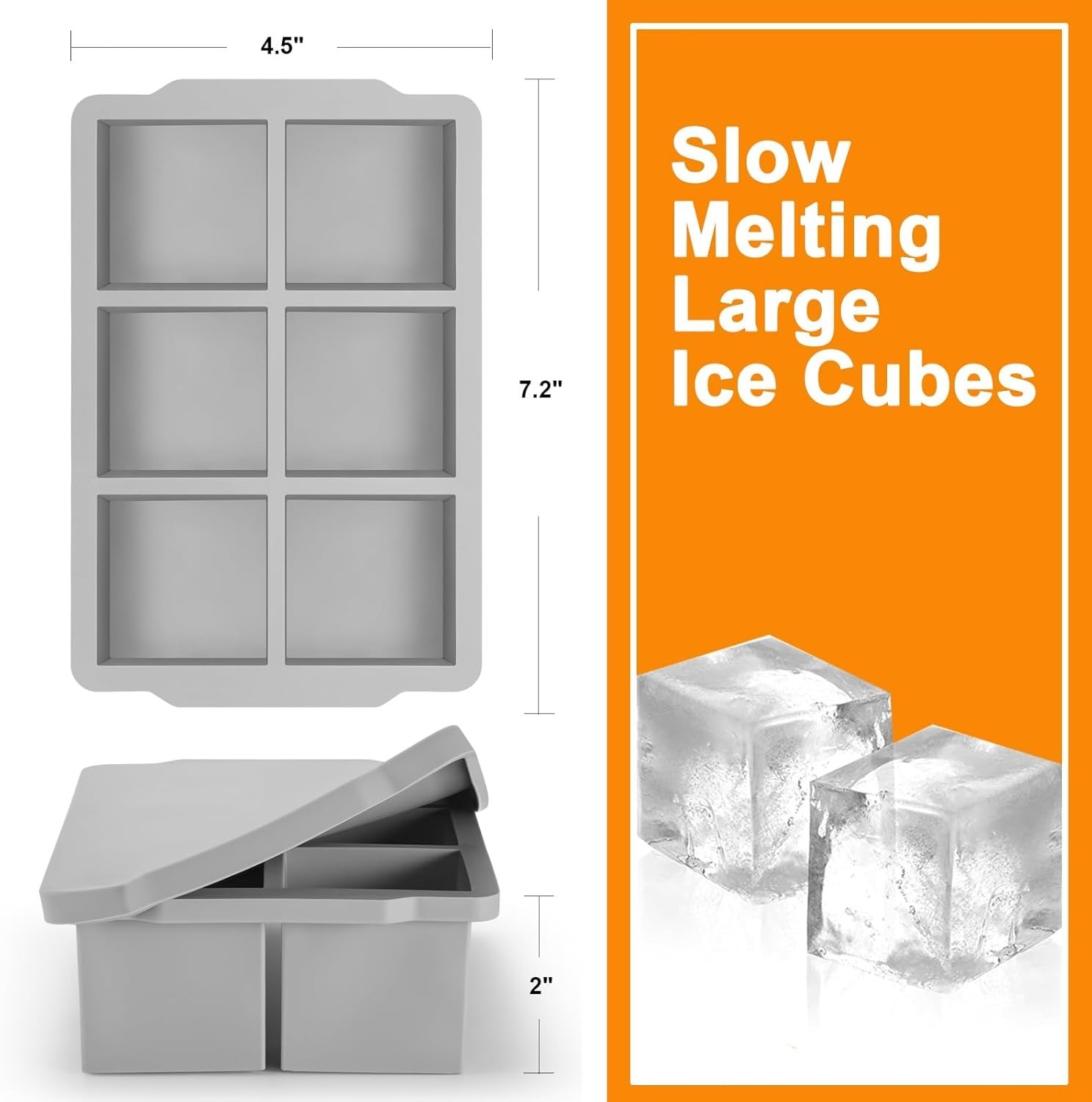 Large Ice Cube Tray with Lid Pack of 2, Stackable Big Silicone Square Ice Cub...