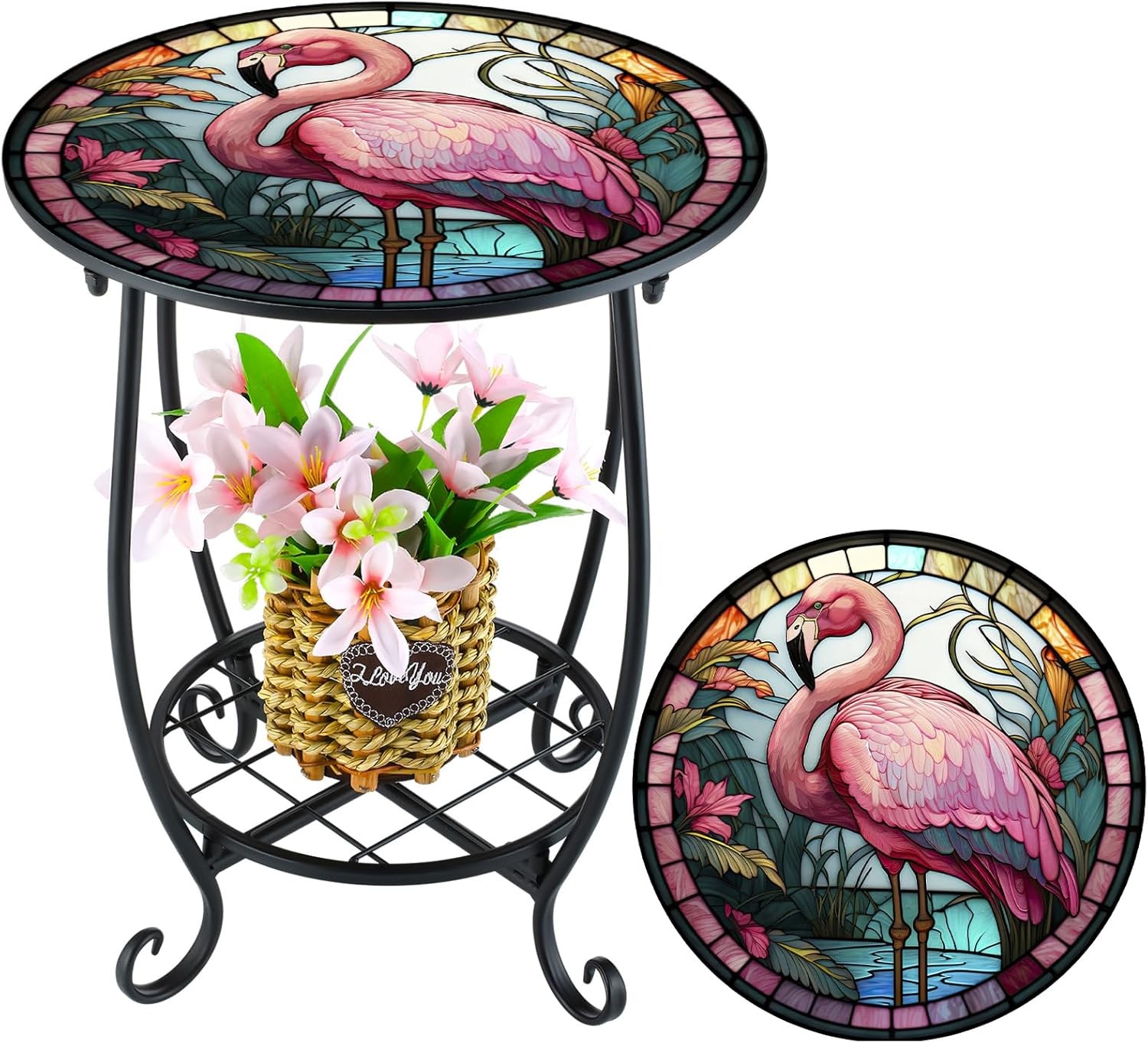 14 Inch Round Mosaic Side Table Flamingo Patio Indoor Outdoor Metal End Table