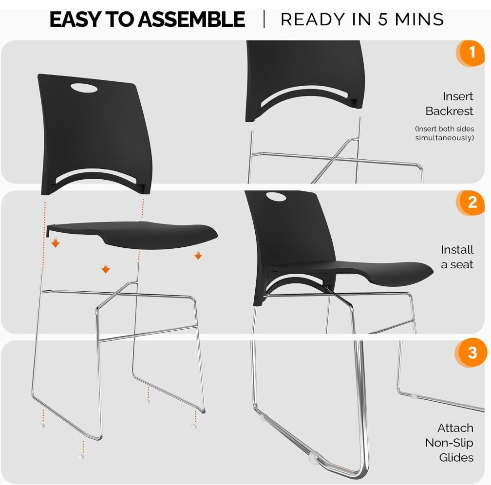 VINGLI Set Of 5 Stacking Chairs Stackable Office Chairs Metal Sled Base - Black