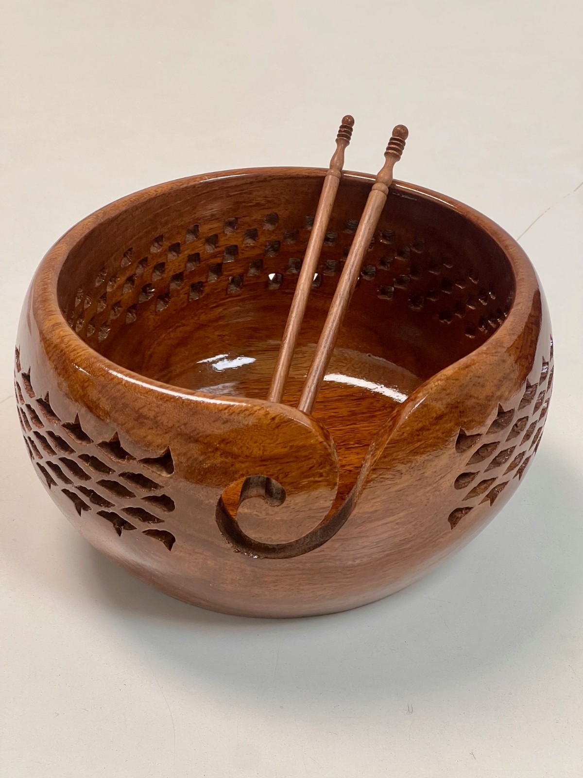 Decorative wooden carved bowl for knitting & crochet
