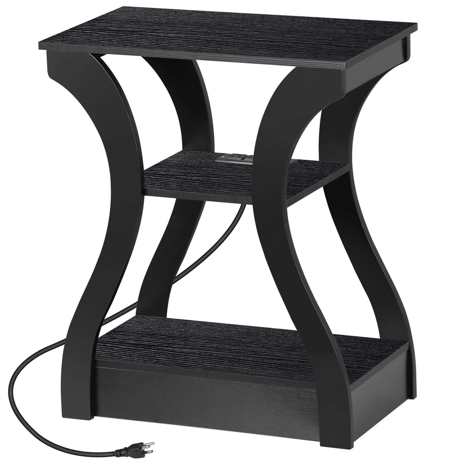 Black End Tables W/ Charging Station Three Tier Storage Durable Engineered Wood