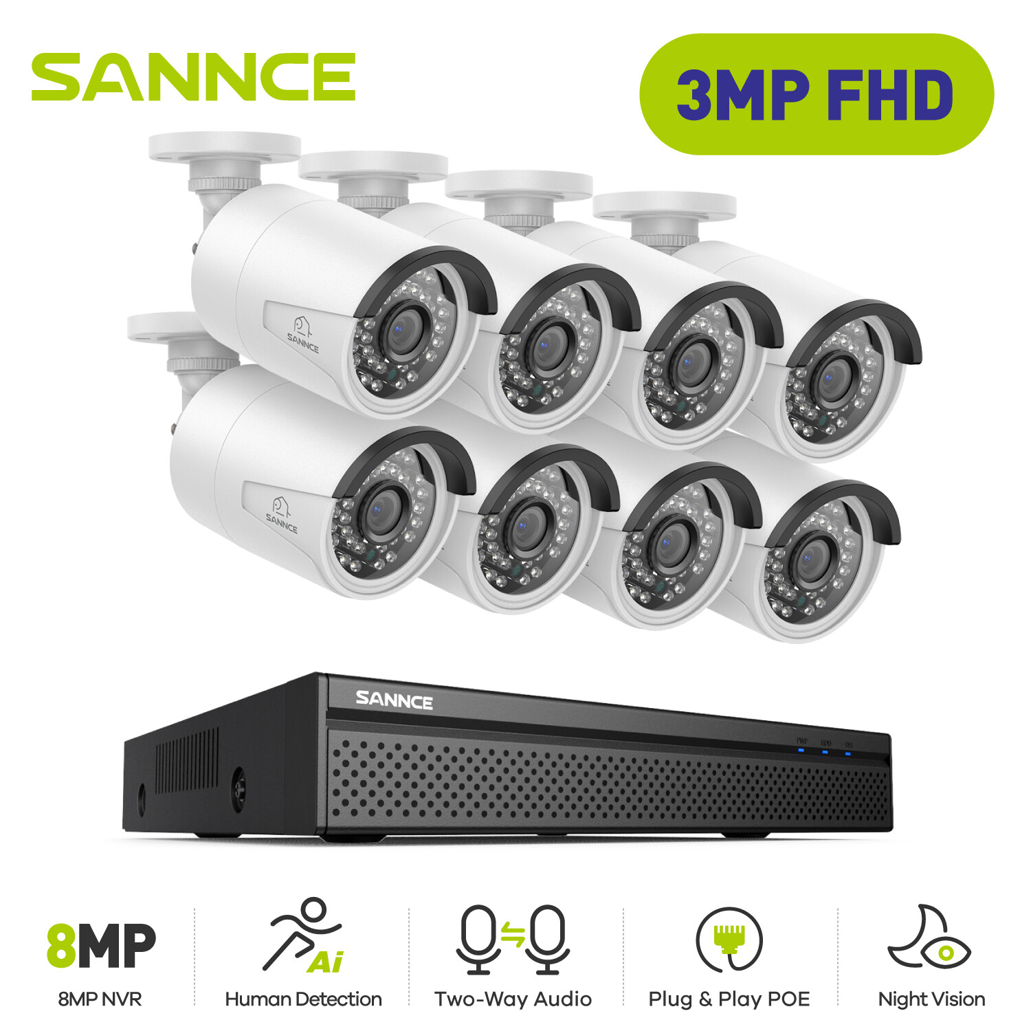 SANNCE 4K 8CH NVR 3MP POE Security Camera System Two Way Audio Human Detection