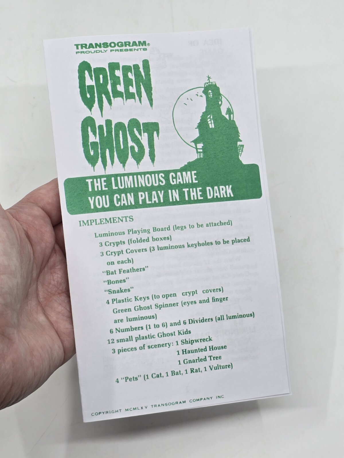 REPRODUCTION Replacement for VTG Green Ghost Game Instructions Printed
