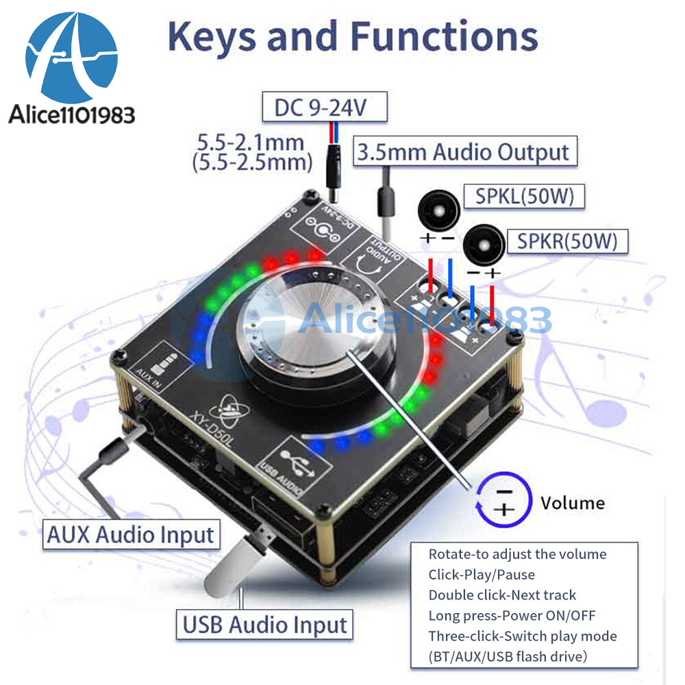 D50L Bluetooth 5.1 Stereo Audio Power Amplifier Board Rhythm Light APP Control