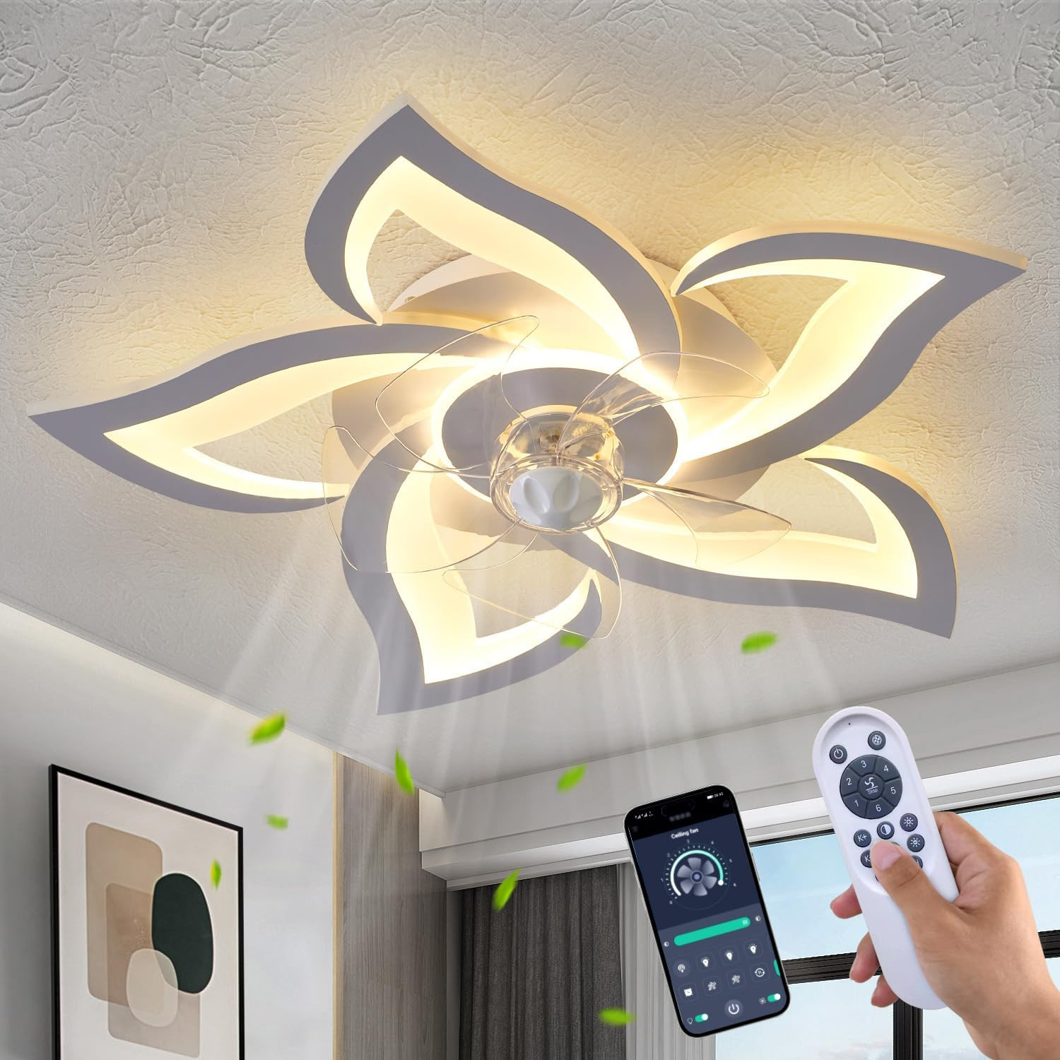 Dalouguan Flush Mount Ceiling Fan with Lights, 24" White ,Remote Control, 6 Spee
