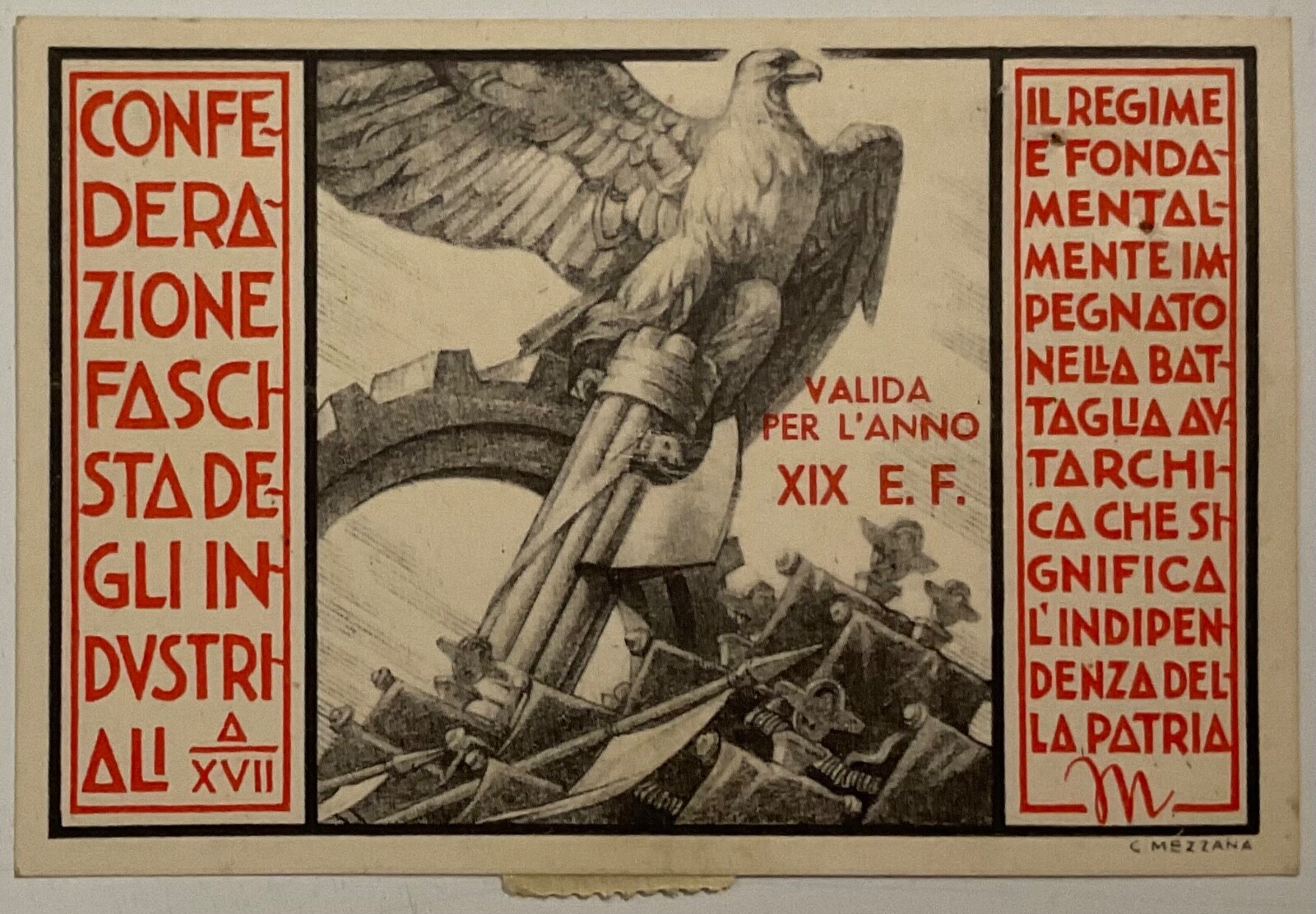 VENTENNIO CONFEDERAZIONE INDUSTRIALI TESSERA 1939 VALIDA 1941 BOLLINO A.XXI 1943