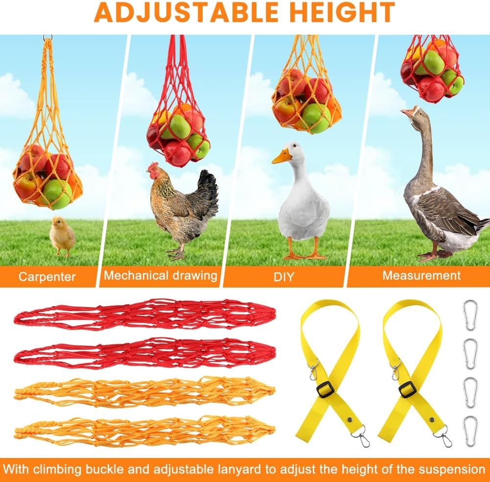 4PCS Chicken Vegetable Hanging Feeder String Bag & 2PCS 30" Adjustable