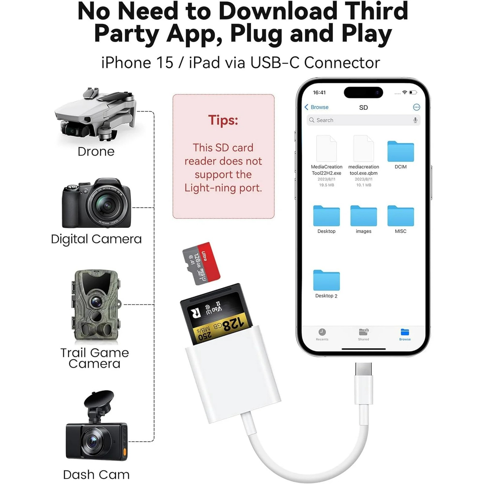 USB C SD Card Reader,USB 3.0 High Speed to Adapter for iPhone White